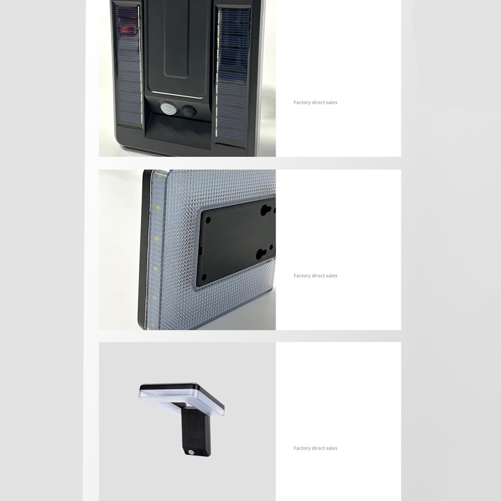 Drei verschiedene Ansichten einer Solar-Wandleuchte, die ihre Paneele und den Sensor zeigen, mit weißem Hintergrund und Text.