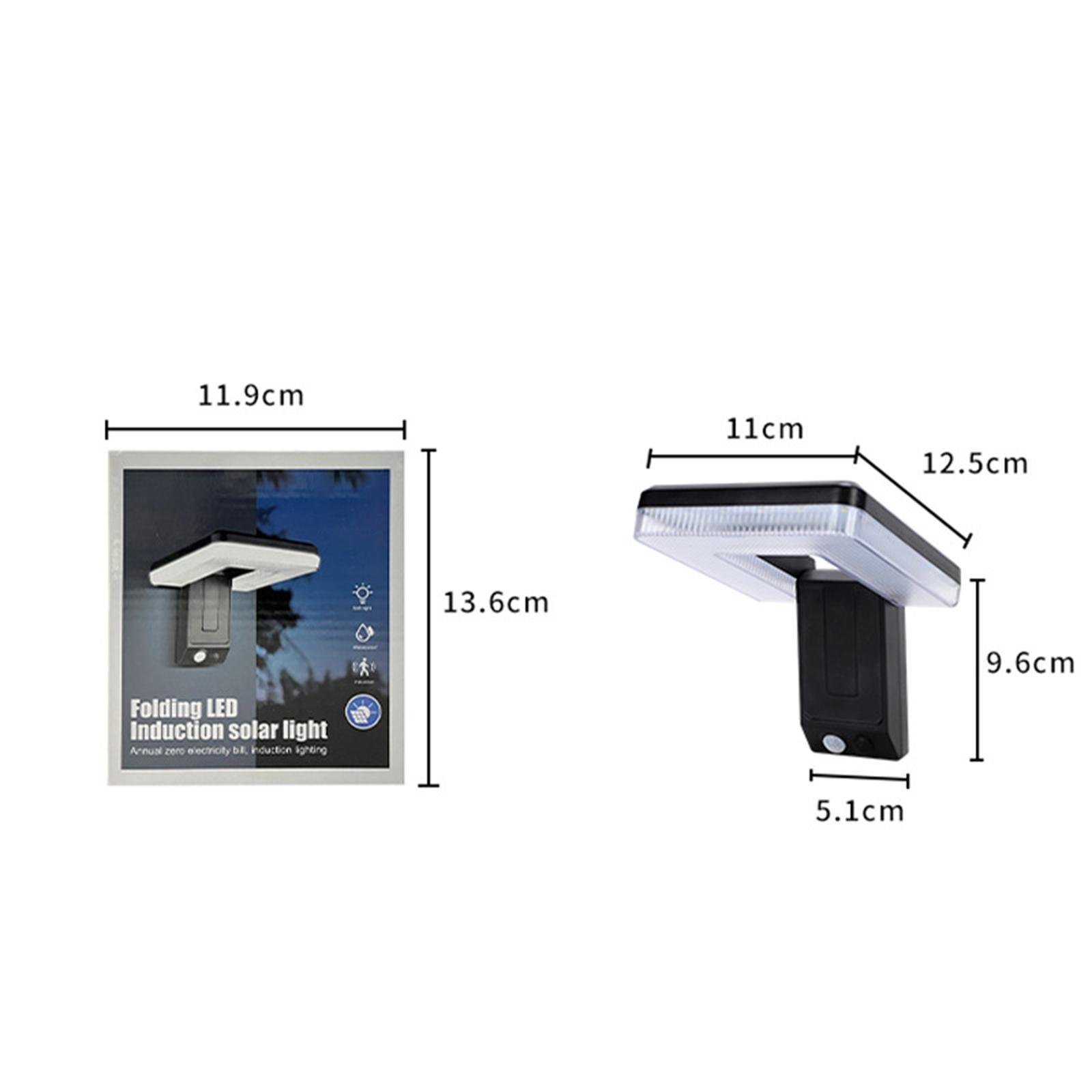 Produktaufnahmen einer faltbaren LED-Solarleuchte mit Abmessungen und Verpackung gezeigt.
