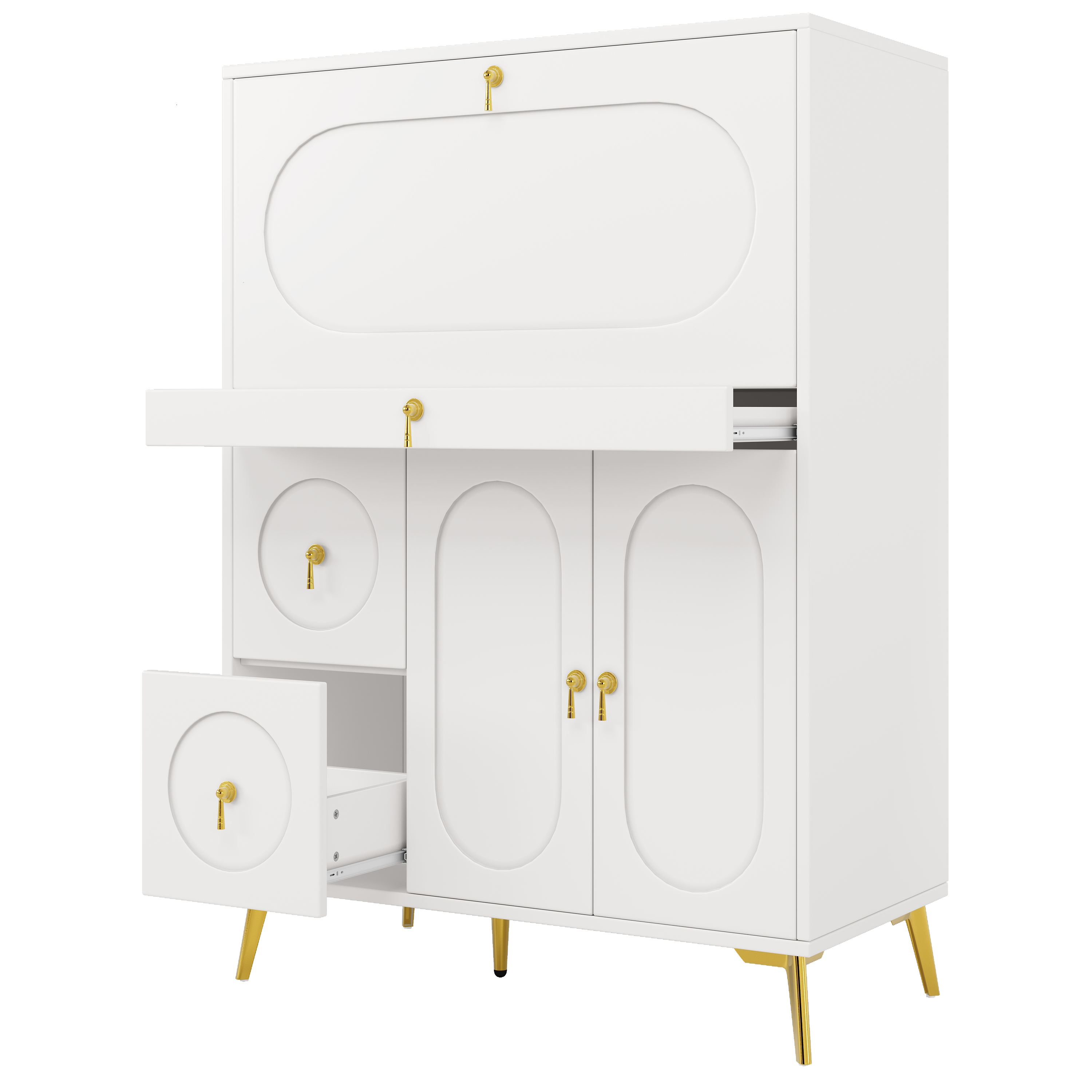 Weißer Schrank mit offenen Schubladen. Goldene Griffe und Beine. Einfarbiger weißer Hintergrund.