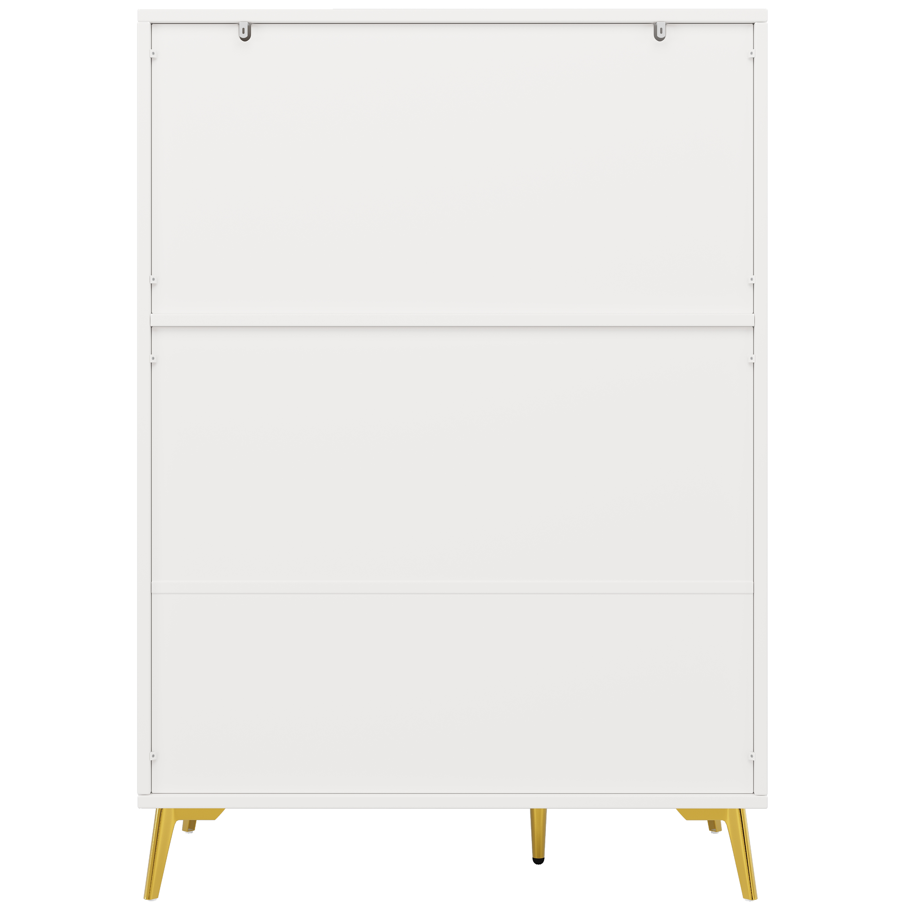 Die Rückseite eines weißen Schranks mit goldenen Beinen. Es hat ein schlichtes Design.