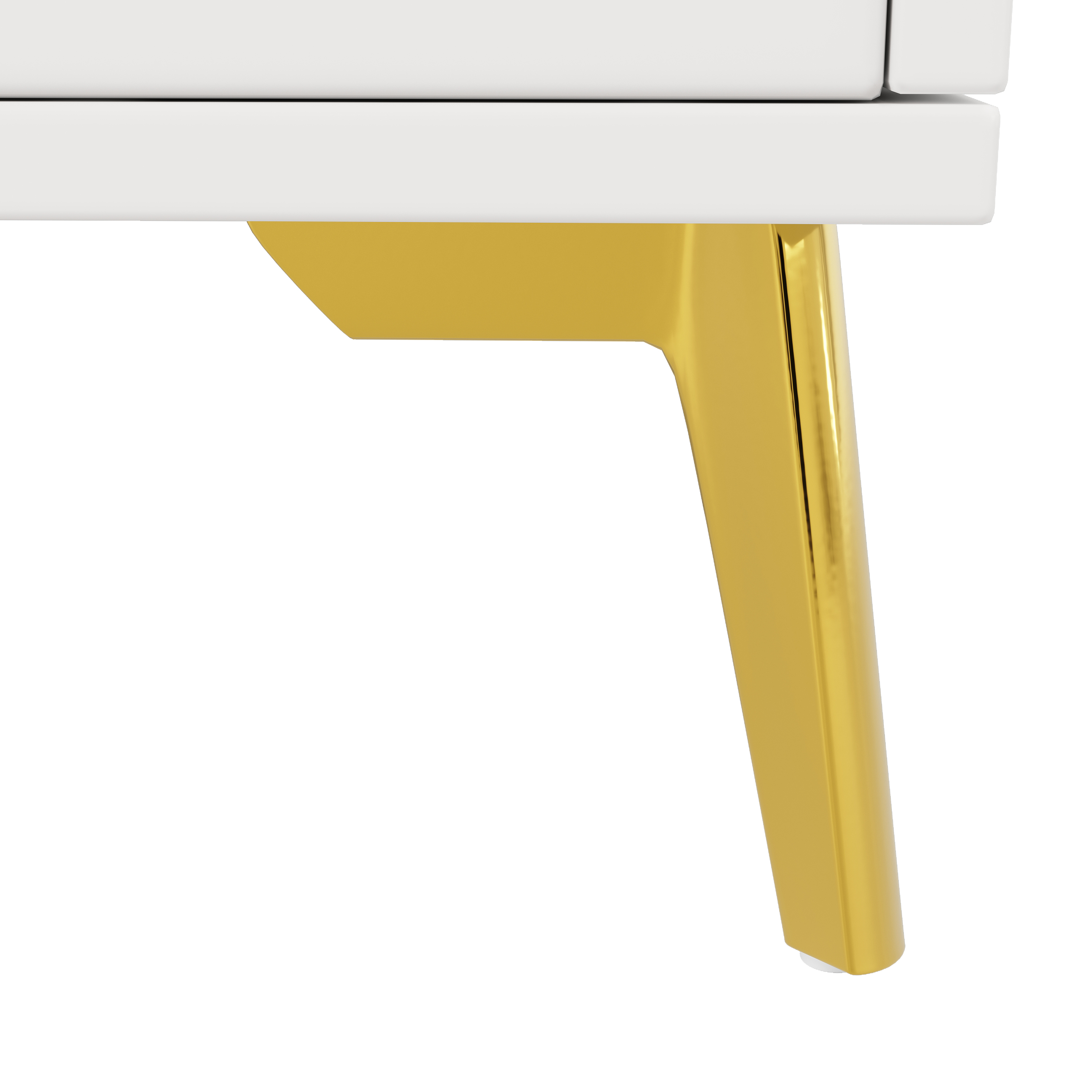 Nahaufnahme eines Möbelfußes, goldfarben, mit modernem, geometrischem Design.