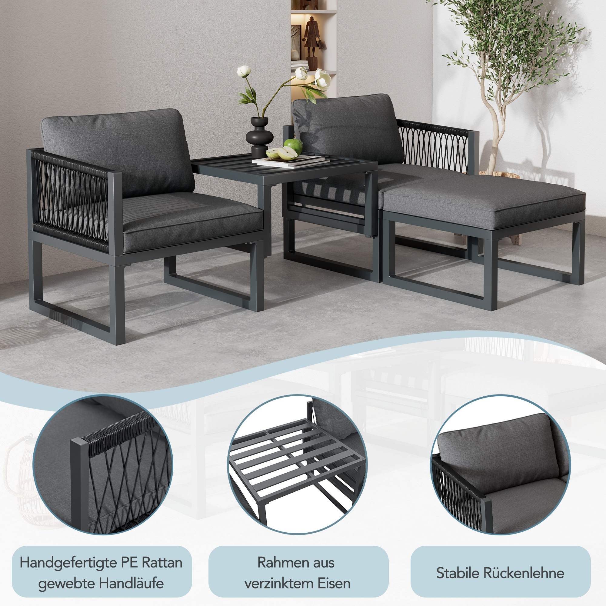 Outdoor-Ecksofa mit grauen Kissen und schwarzem Metallrahmen. Nahaufnahmen zeigen handgewebte PE-Rattan-Griffe.