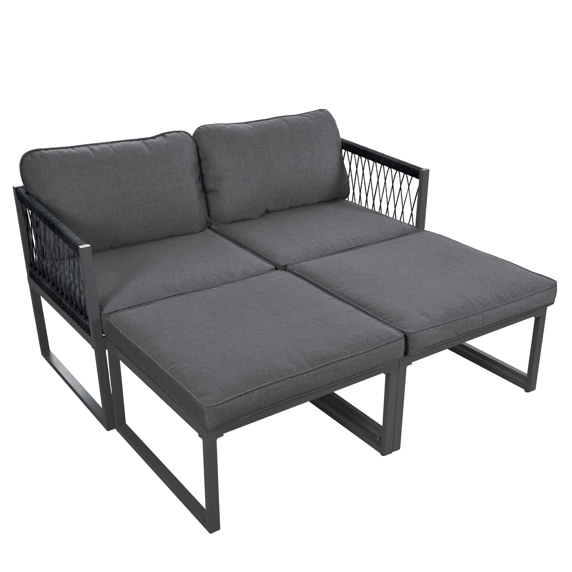 Graues Outdoor-Sofaset. Schwarzer Rahmen, graue Kissen. Weißer Hintergrund.