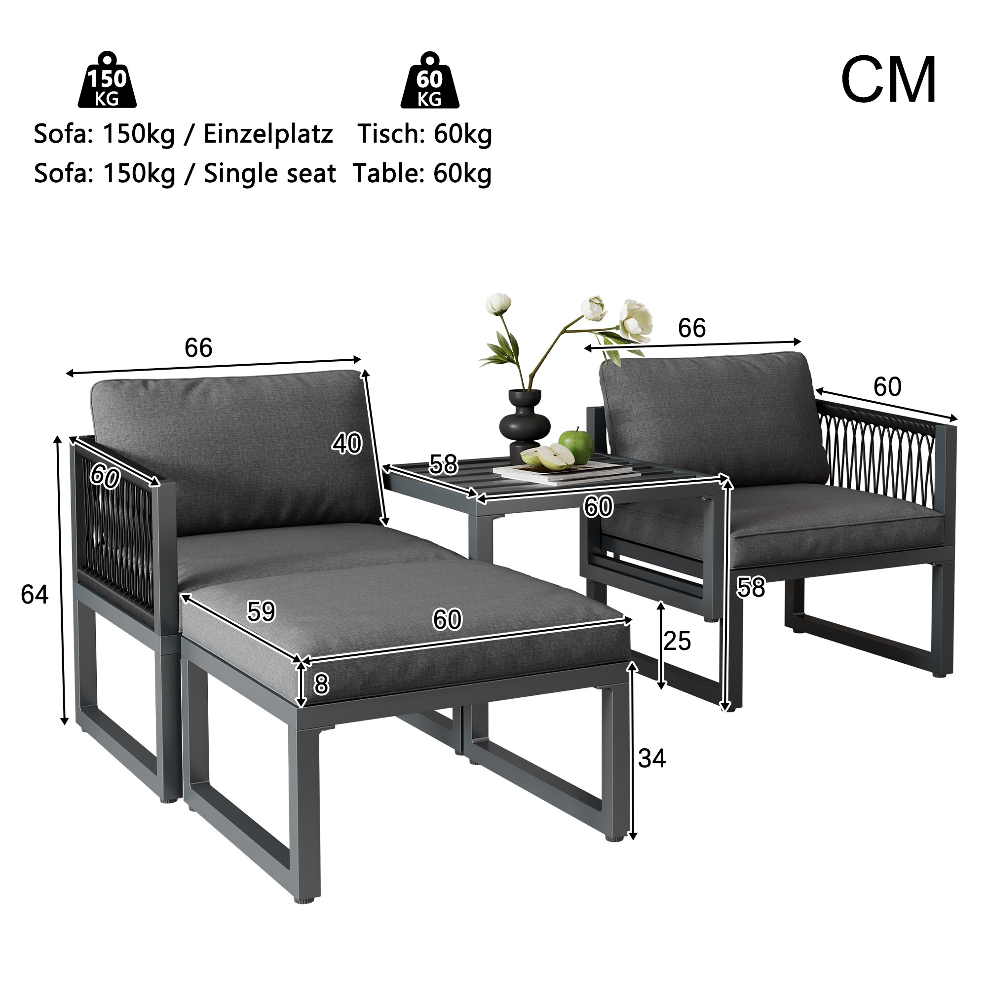 Diagramm, das die Abmessungen und die Tragfähigkeit des Outdoor-Ecksofas einschließlich des Tisches zeigt.