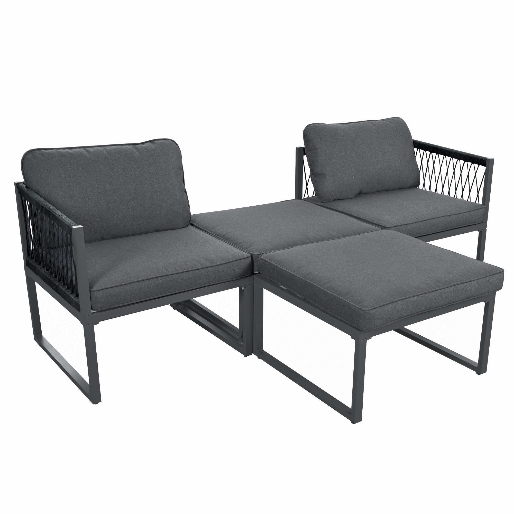 Graues Outdoor-Ecksofa mit Kissen und schwarzem Metallrahmen. Es hat eine Ottomane und zwei Einzelsitze.