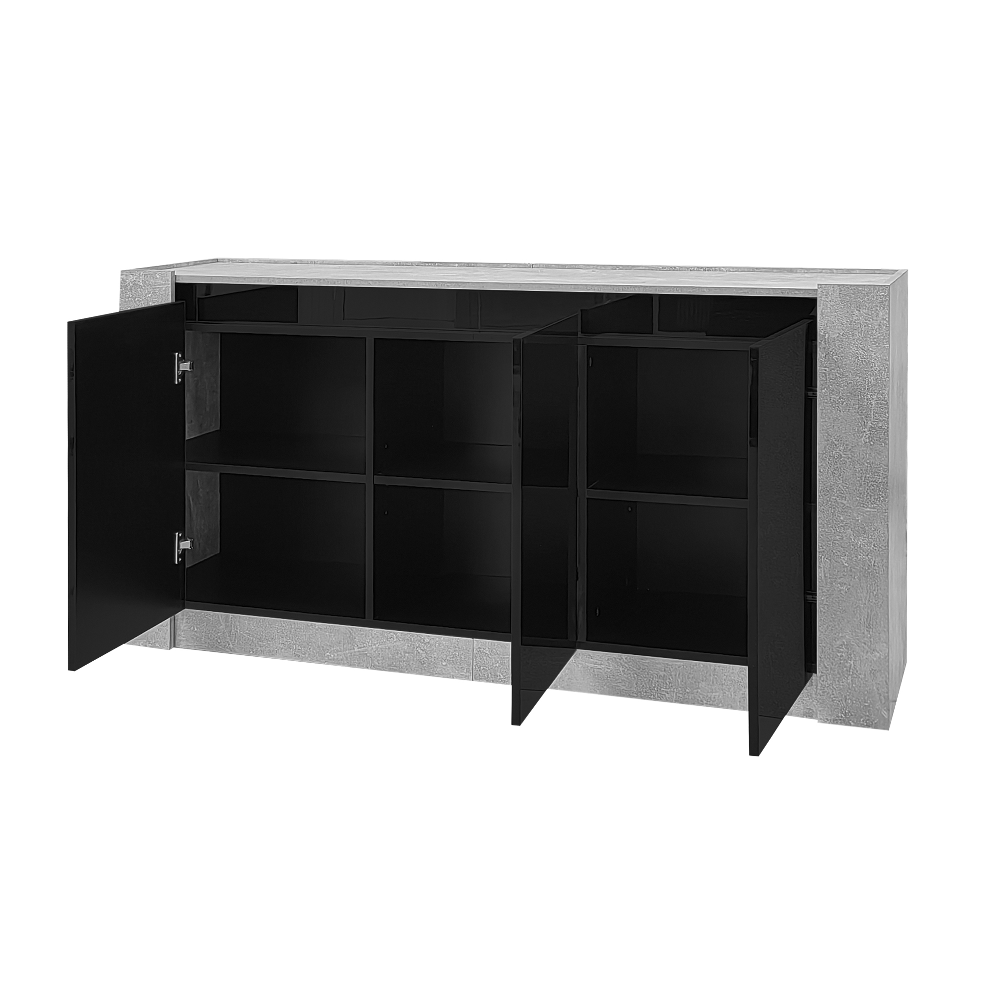 Ein grau-schwarzer Schrank, mit offenen Türen, die Regale freigeben. Der Hintergrund ist weiß.