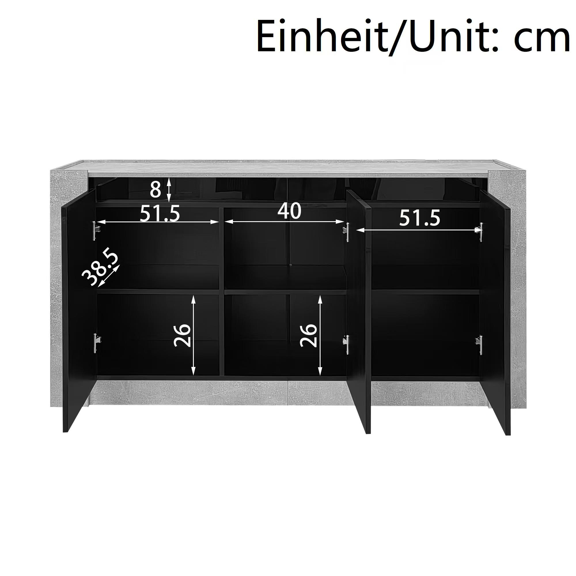 Schrank mit offenen Türen, zeigt Innenmaße. Weißer Schrank, schwarze Regale.
