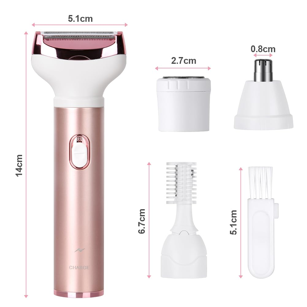 Ein pinker und weißer Rasierer mit mehreren Aufsätzen, darunter ein Trimmer und eine Bürste. Abmessungen sind angegeben.