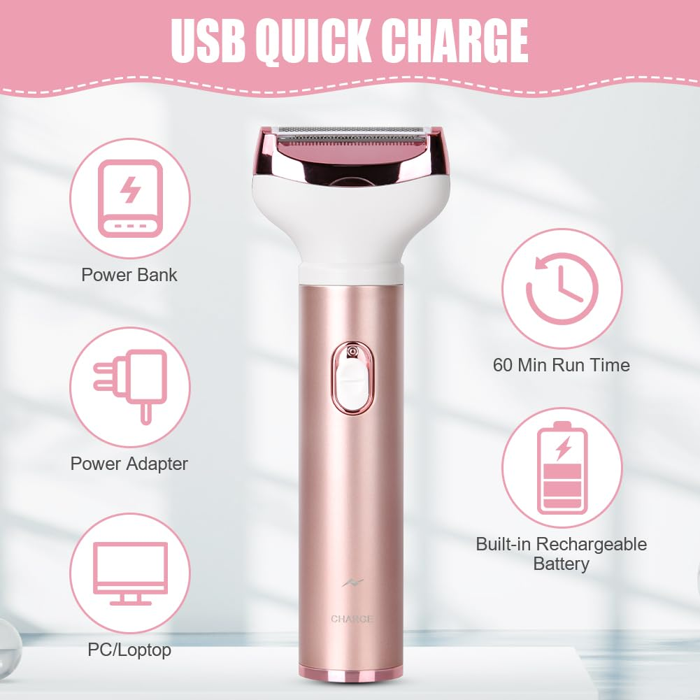 Ein pinker Rasierer mit Ladesymbolen, einschließlich Powerbank, Netzteil und eingebautem Akku.