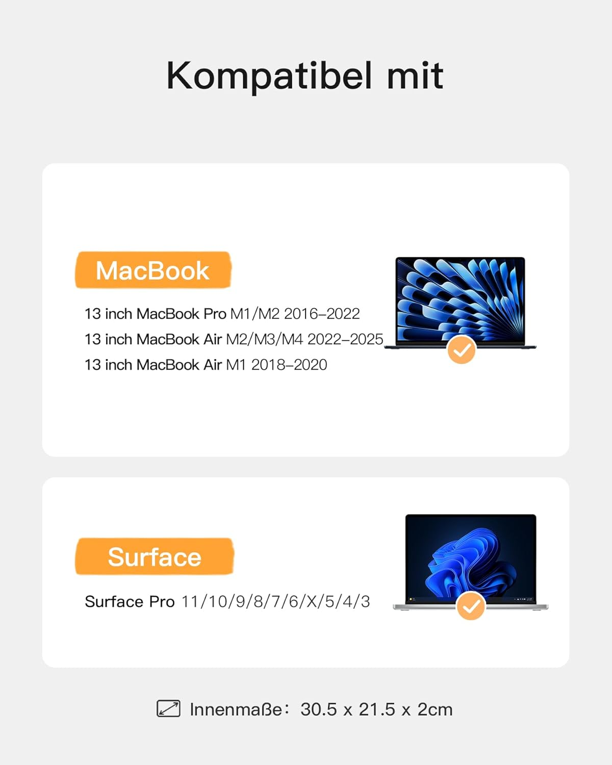Tabella di compatibilità laptop. Mostra i modelli di laptop MacBook e Surface. Sfondo bianco.
