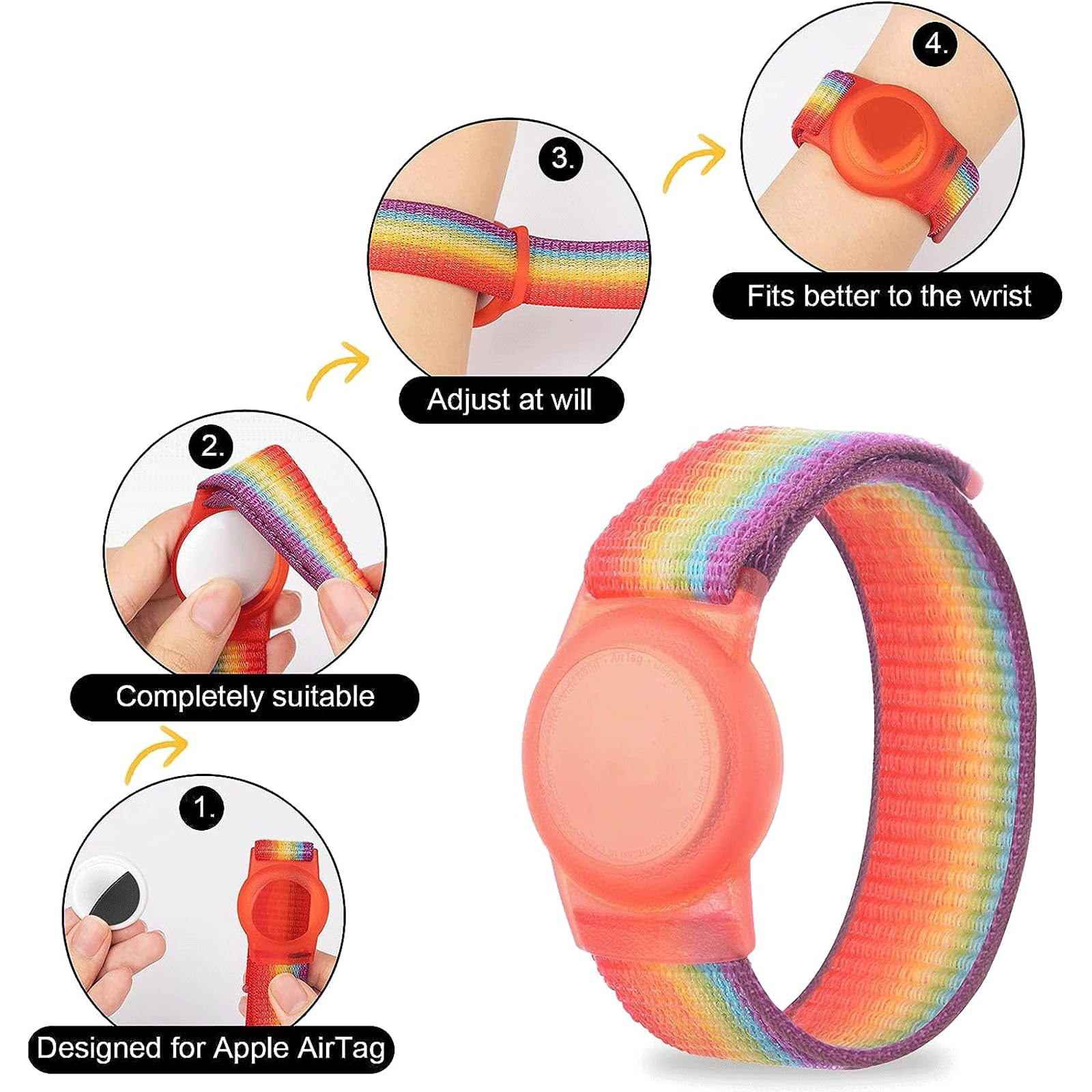 AirTag-Halter mit Regenbogenband. Zeigt das Anbringen des AirTags und das Tragen am Handgelenk.