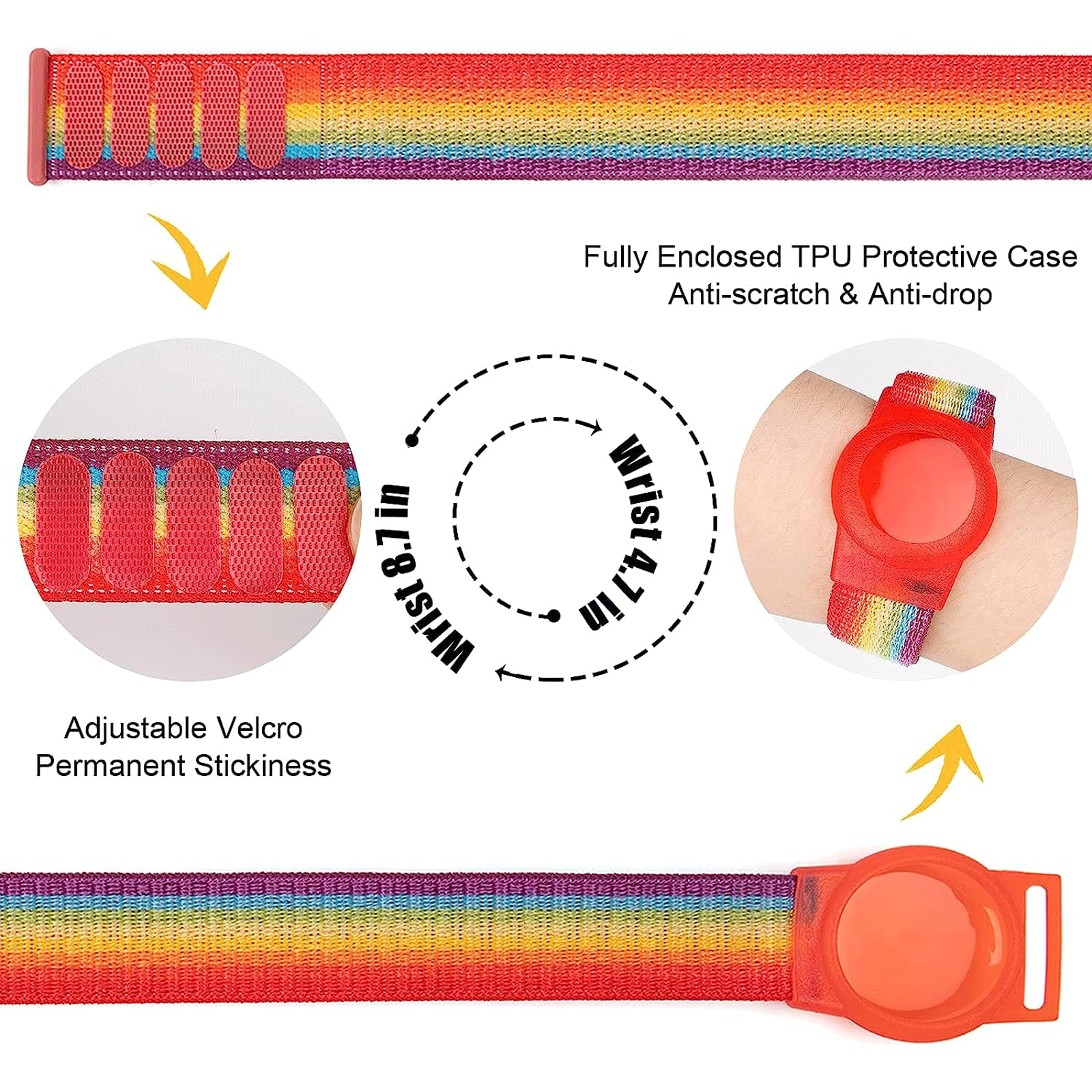 Regenbogenfarbenes Uhrenarmband mit Pfeilen, die Abmessungen und Schutzhüllen-Funktionen zeigen, mit einer Uhr.