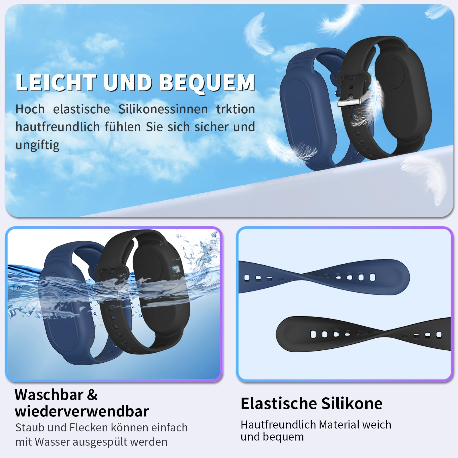 Blaue und schwarze Uhrenarmbänder mit Details zu ihren Eigenschaften: waschbar, wiederverwendbar und elastisches Silikon.