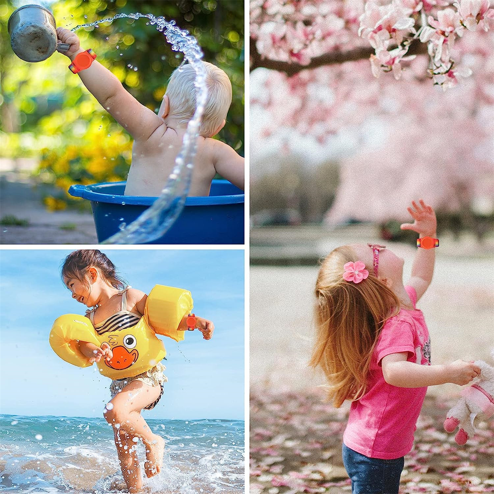 Vier Bilder: Ein Kind in einer blauen Wanne, ein Kind am Strand und zwei Kinder mit orangefarbenen Armbändern, Kirschblüten.