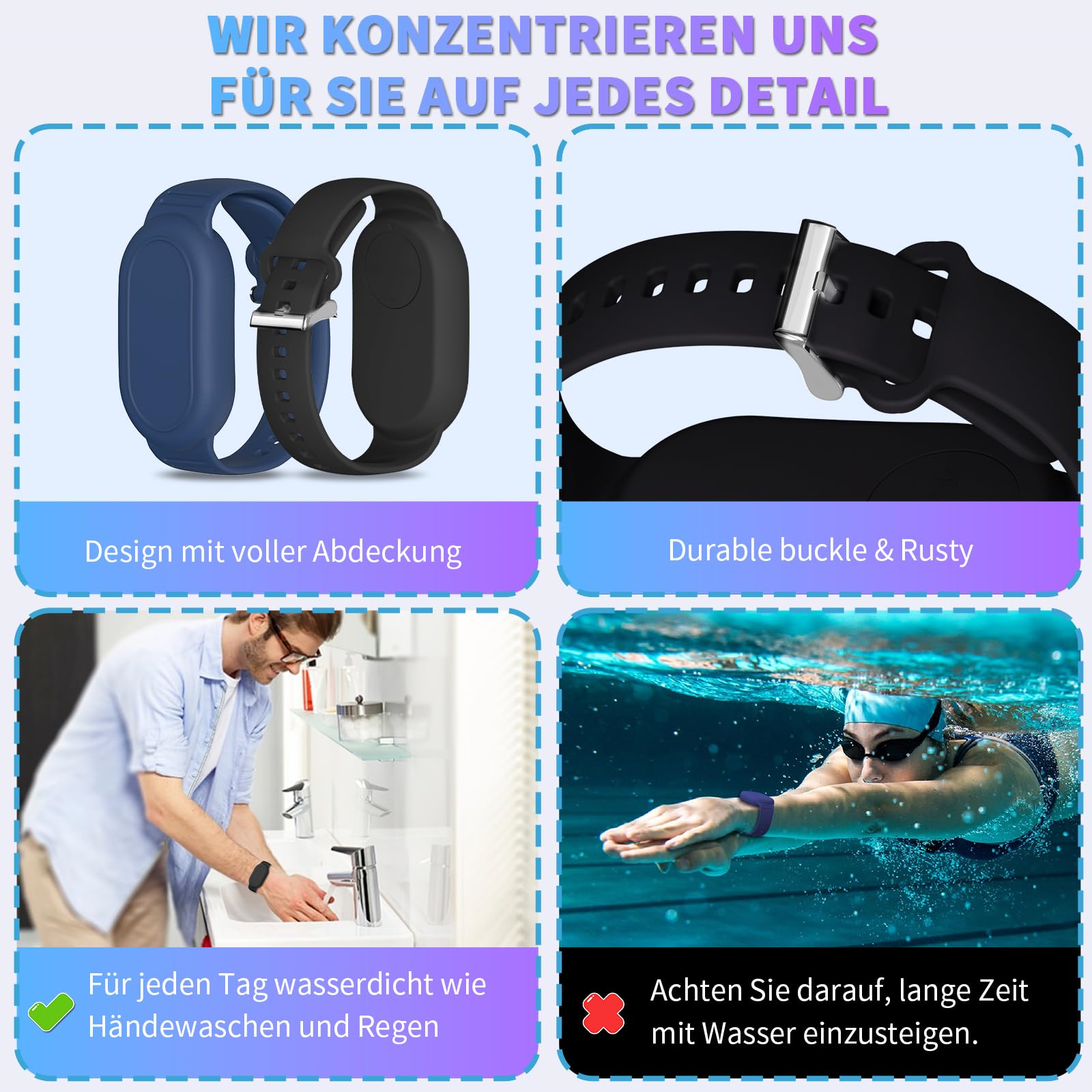 Zwei Uhrenarmbänder, blau und schwarz, mit Bildern von täglicher Nutzung und Schwimmen, die ihre Eigenschaften hervorheben.