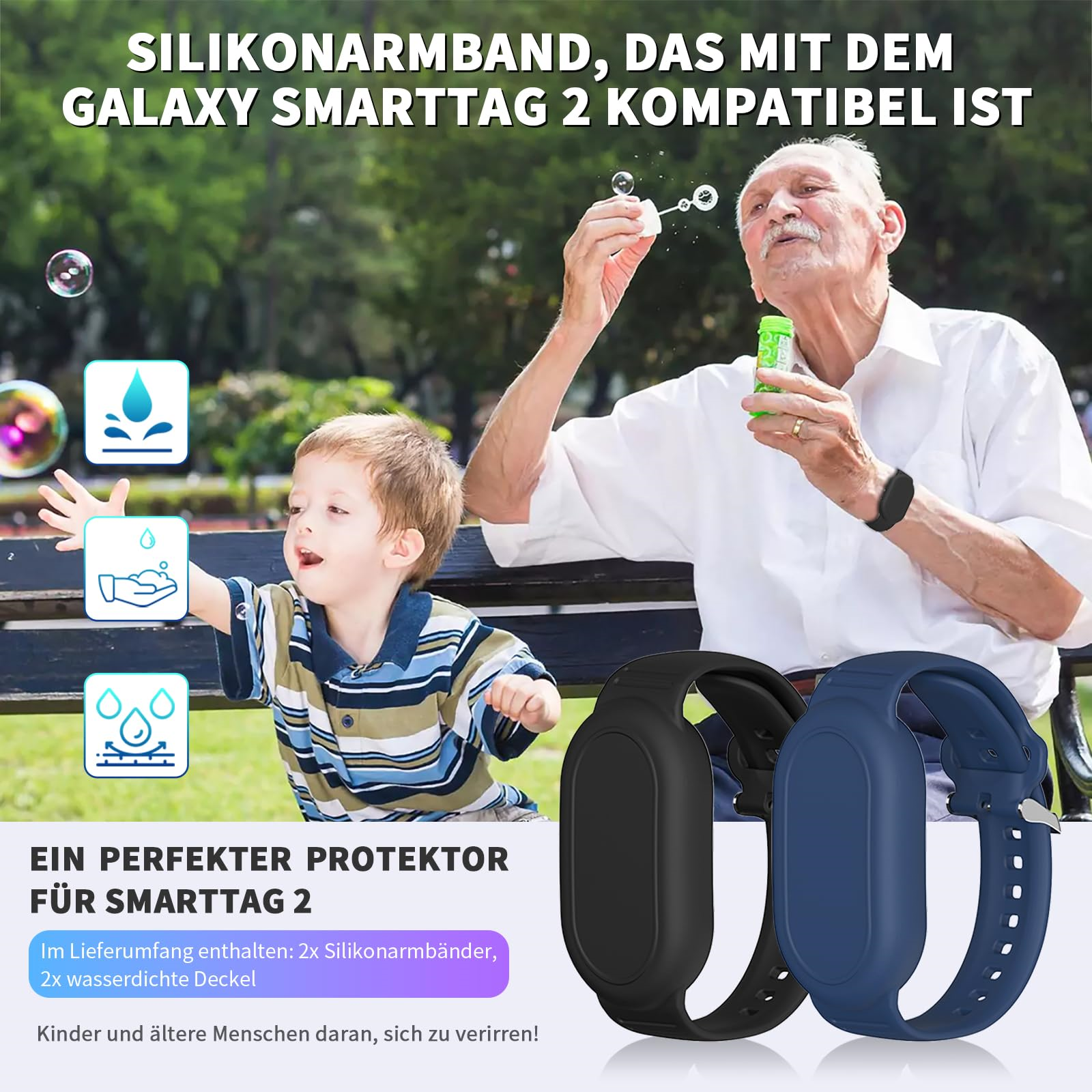 Ein älterer Mann und ein Kind halten ein AirTag mit Uhrenarmbändern. Eigenschaften: wasserdicht und einfach zu bedienen.