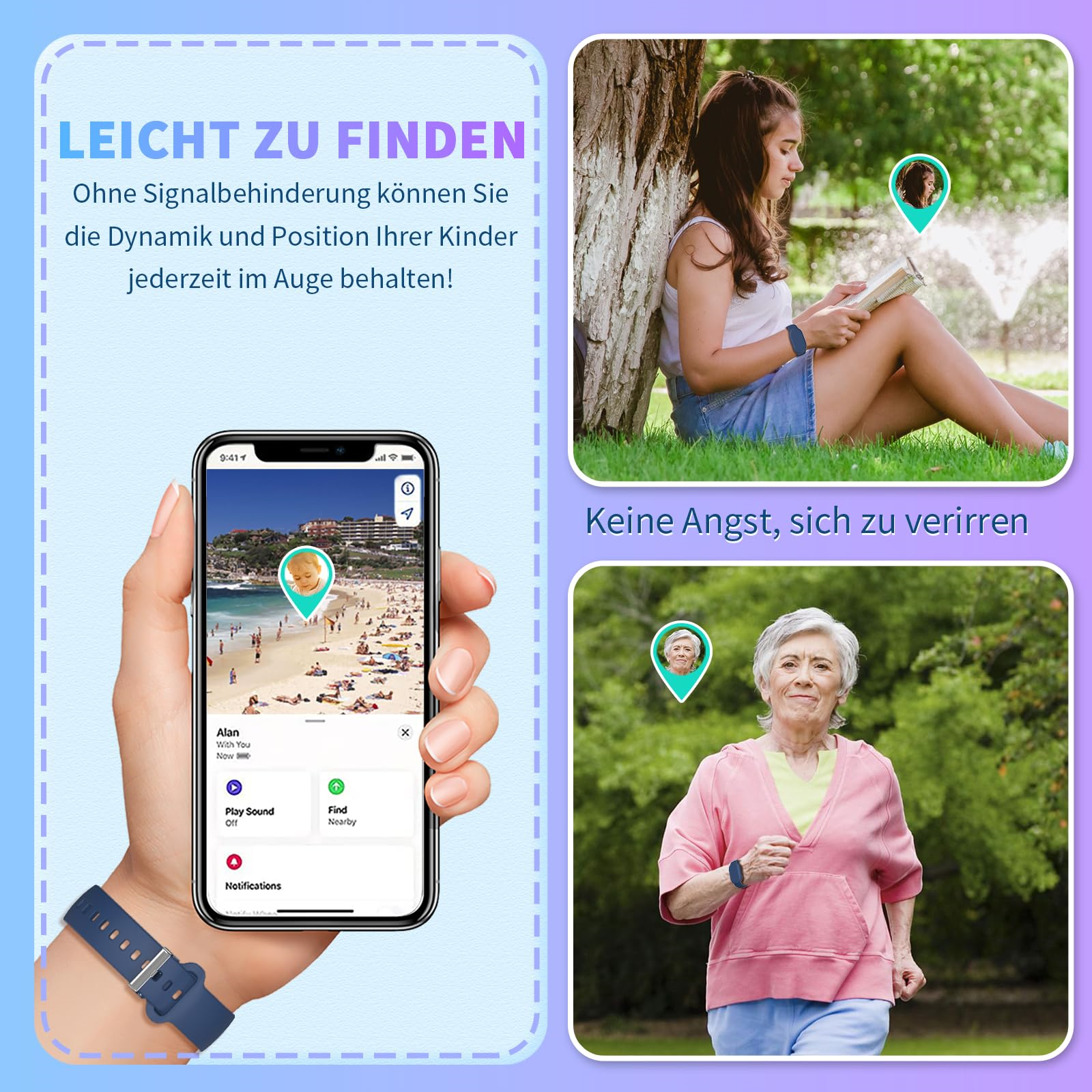 Personen, die ein Telefon benutzen, um ein Kind und eine ältere Person zu finden, die ein Uhrenarmband tragen.