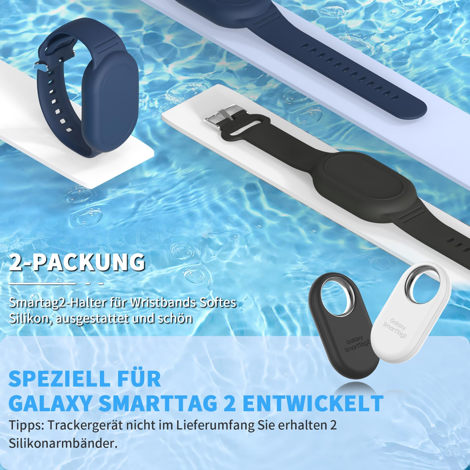 Smartwatch-Armbänder in Marineblau, Schwarz und Weiß. Text beschreibt das Produkt für Galaxy Smarttag 2.