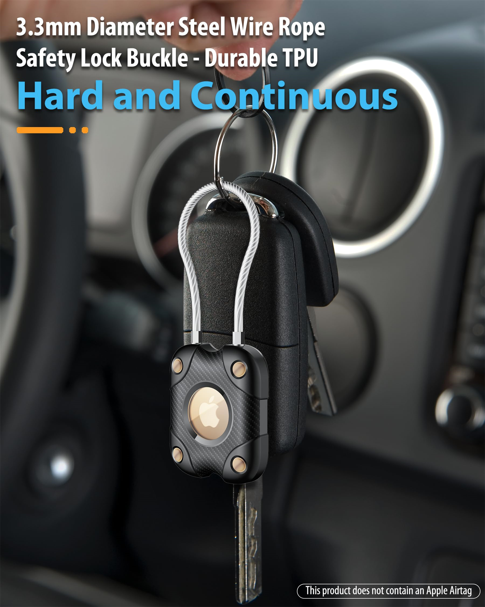 Schlüsselanhänger mit Schlüsseln und einem Stahldrahtseil. Ein schwarzes Gehäuse mit einem Apple-Logo. Der Text lautet 'Safety Lock Buckle'.