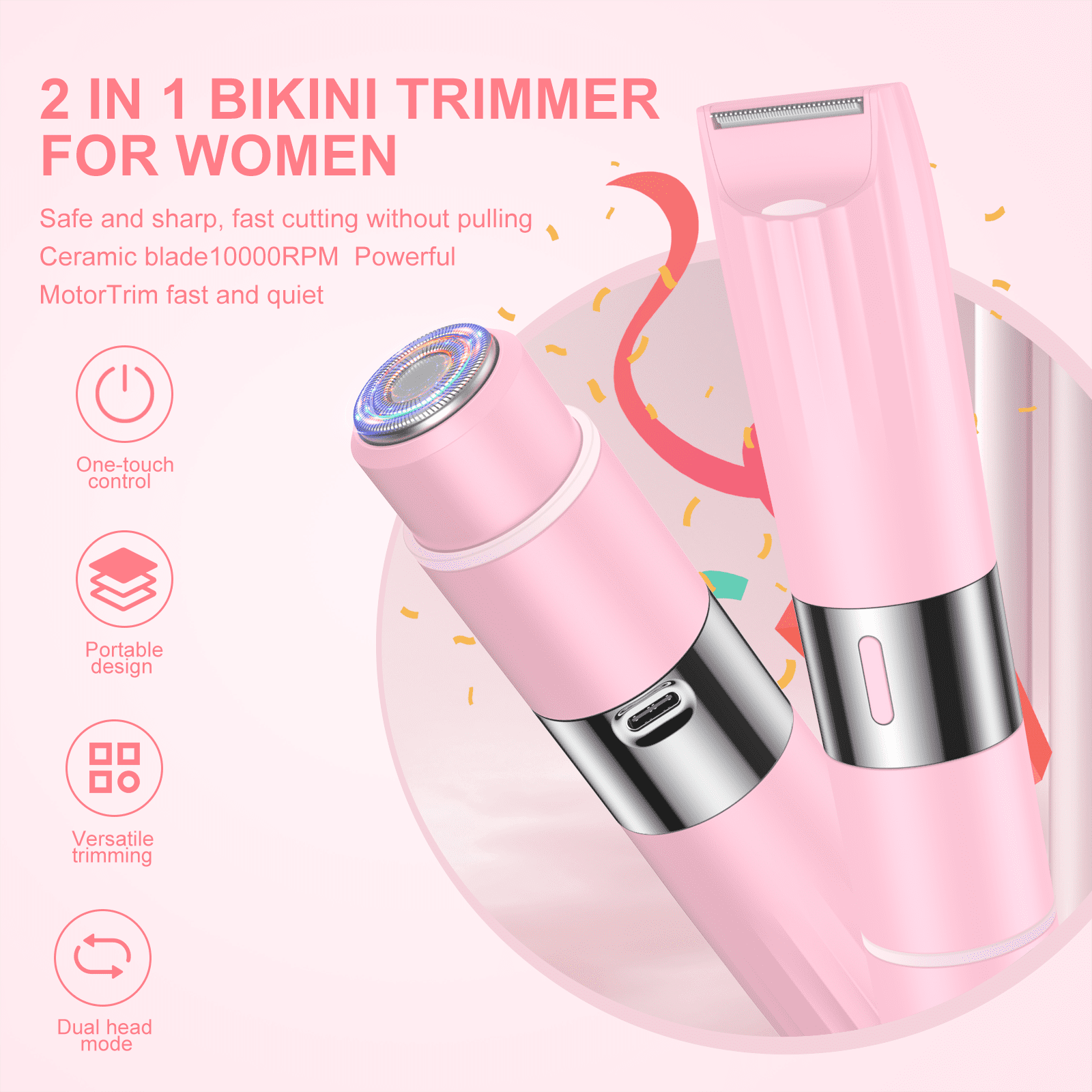 Zwei pinke Bikini-Trimmer mit Symbolen für Ein-Tasten-Steuerung, tragbares Design, Doppelkopffunktion und vielseitiges Trimmen.