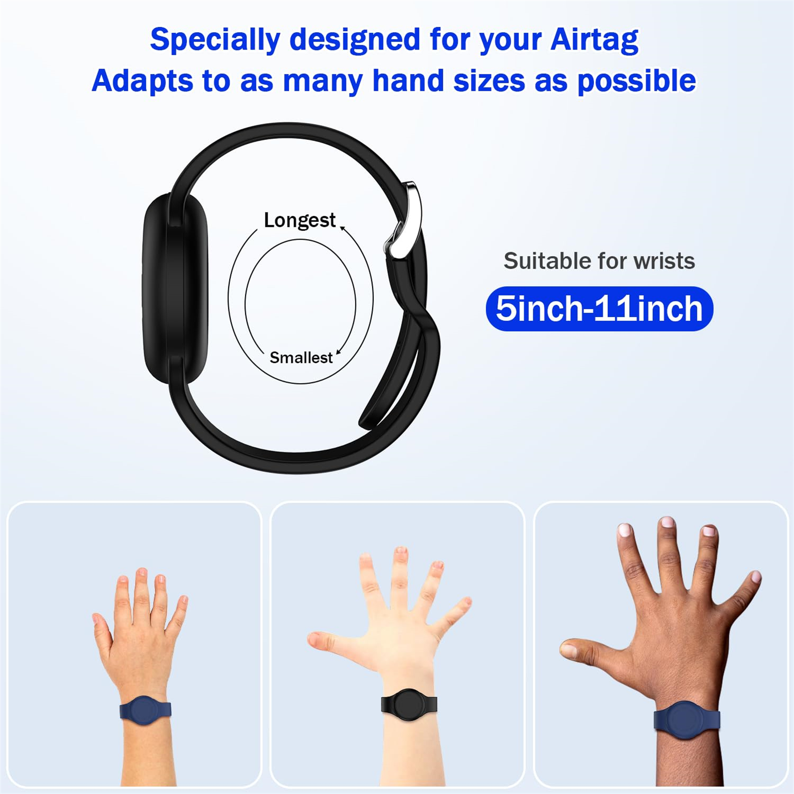 Armband mit kreisförmigem Design und Handgrößen-Illustrationen.