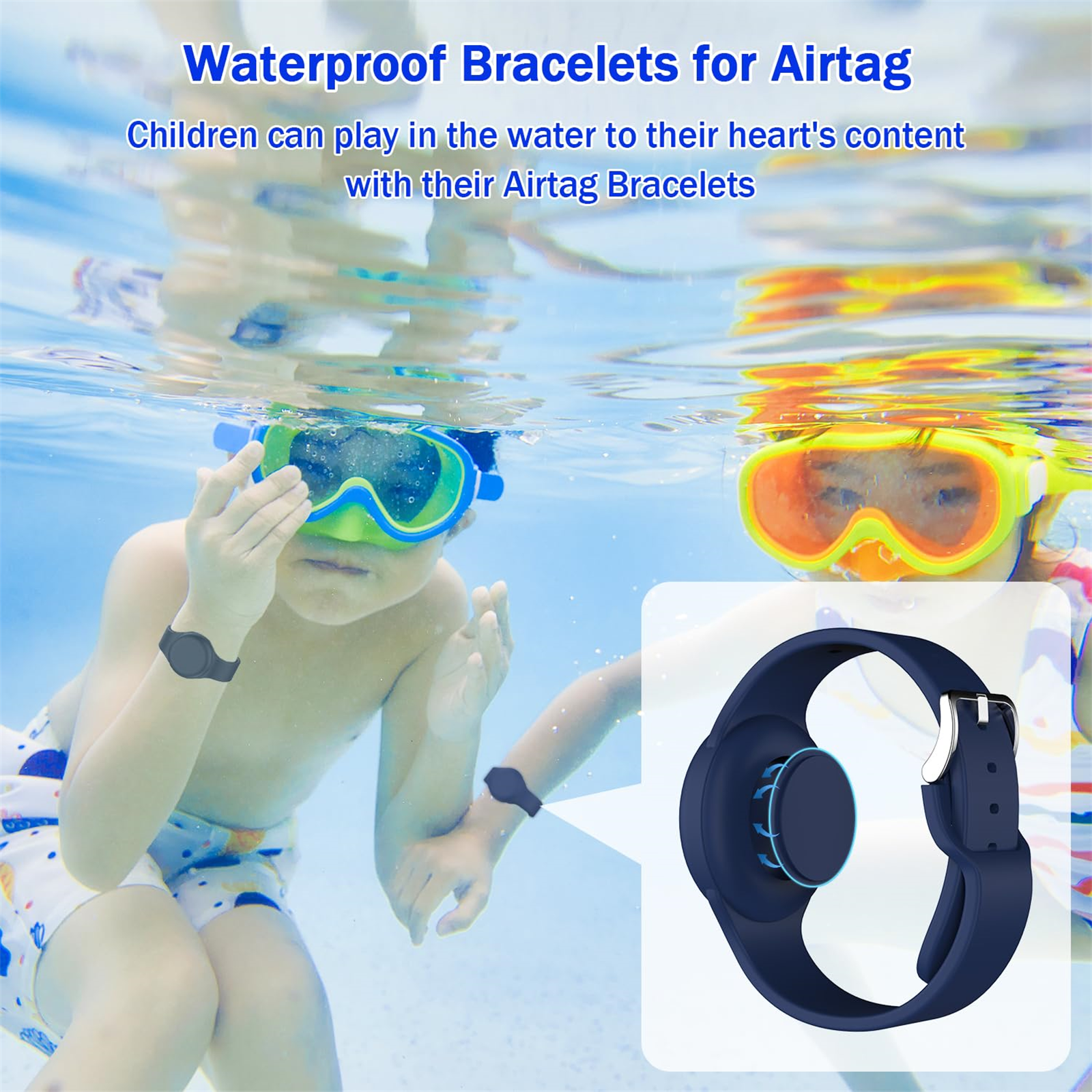 Zwei Kinder spielen im Wasser und tragen AirTag-Armbänder. Die Armbänder sind schwarz und eines wird detailliert gezeigt.