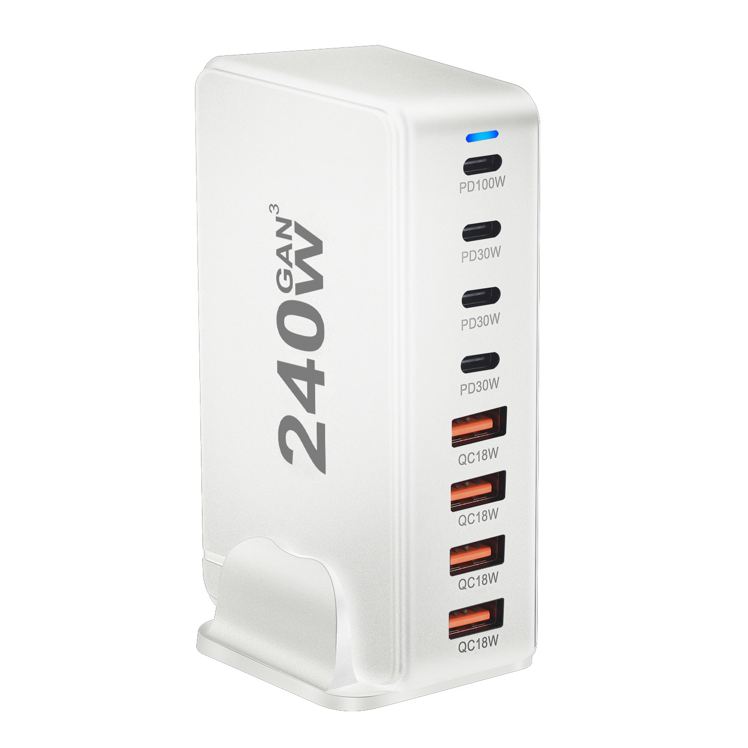 Weißes 240-W-GaN-Ladegerät mit mehreren Ladeanschlüssen. Auf dem Gerät steht „240W GaN³“.