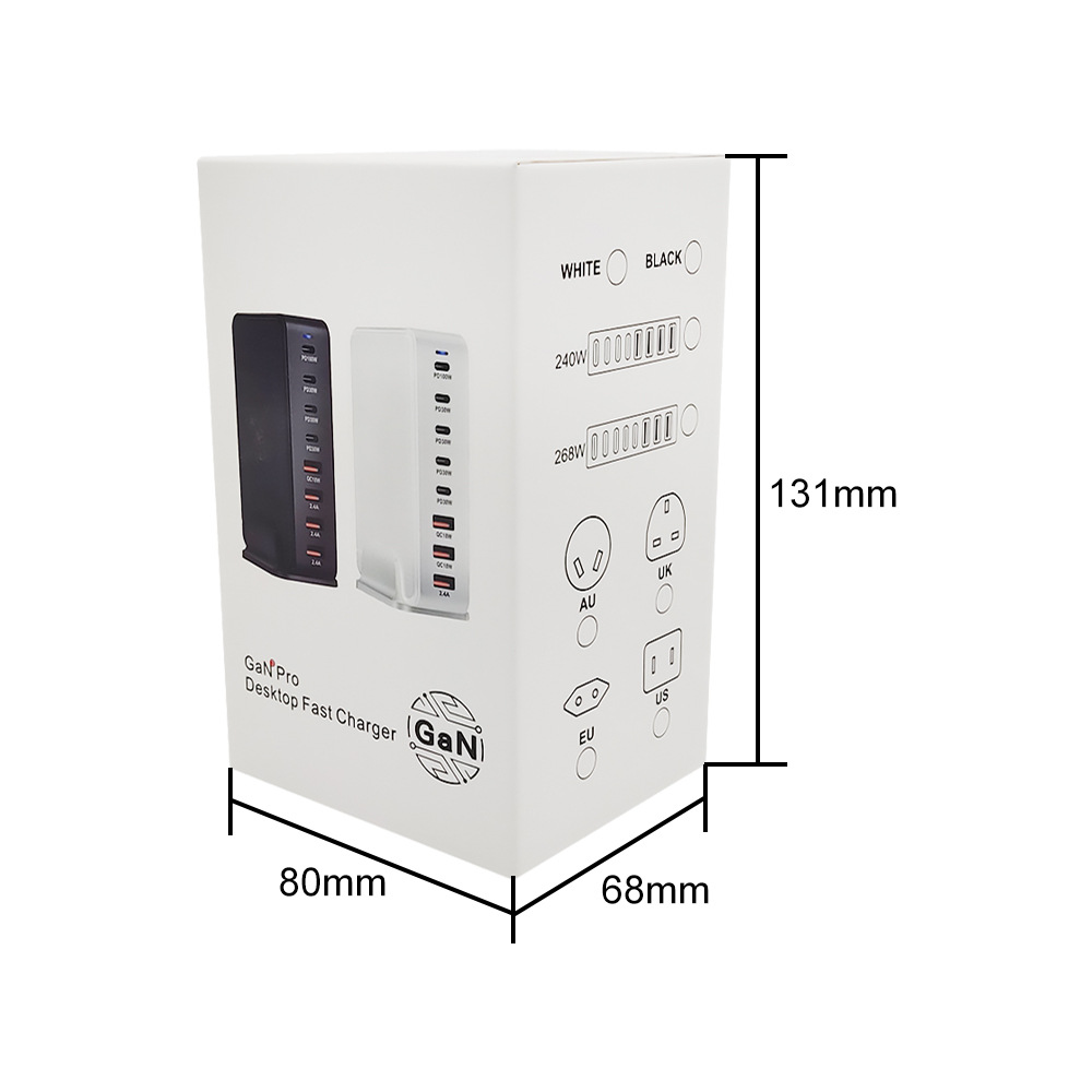 Weiße Box mit einem GaNPro Desktop-Schnellladegerät. Zeigt mehrere Ladeanschlüsse und Leistungswerte.