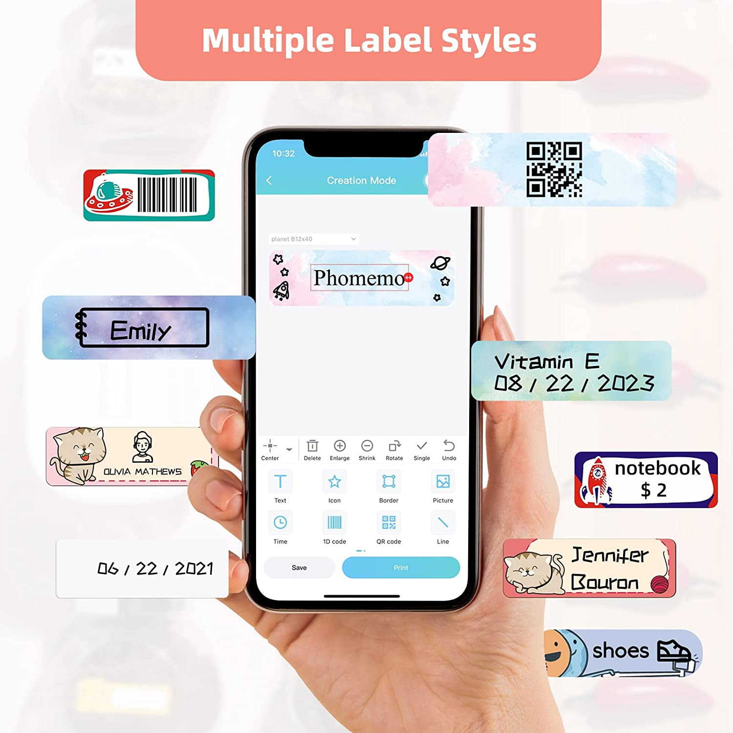 Eine Hand hält ein Telefon mit Beispielen für Etikettenstile: Text, QR-Codes und Bilder.