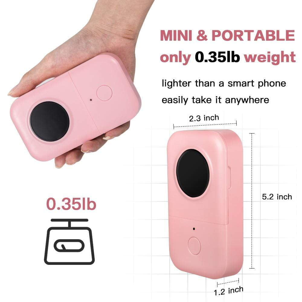 Rosa Etikettendrucker mit Abmessungen. Text: Mini & tragbar, 0,35 lb Gewicht. Leichter als ein Smartphone.