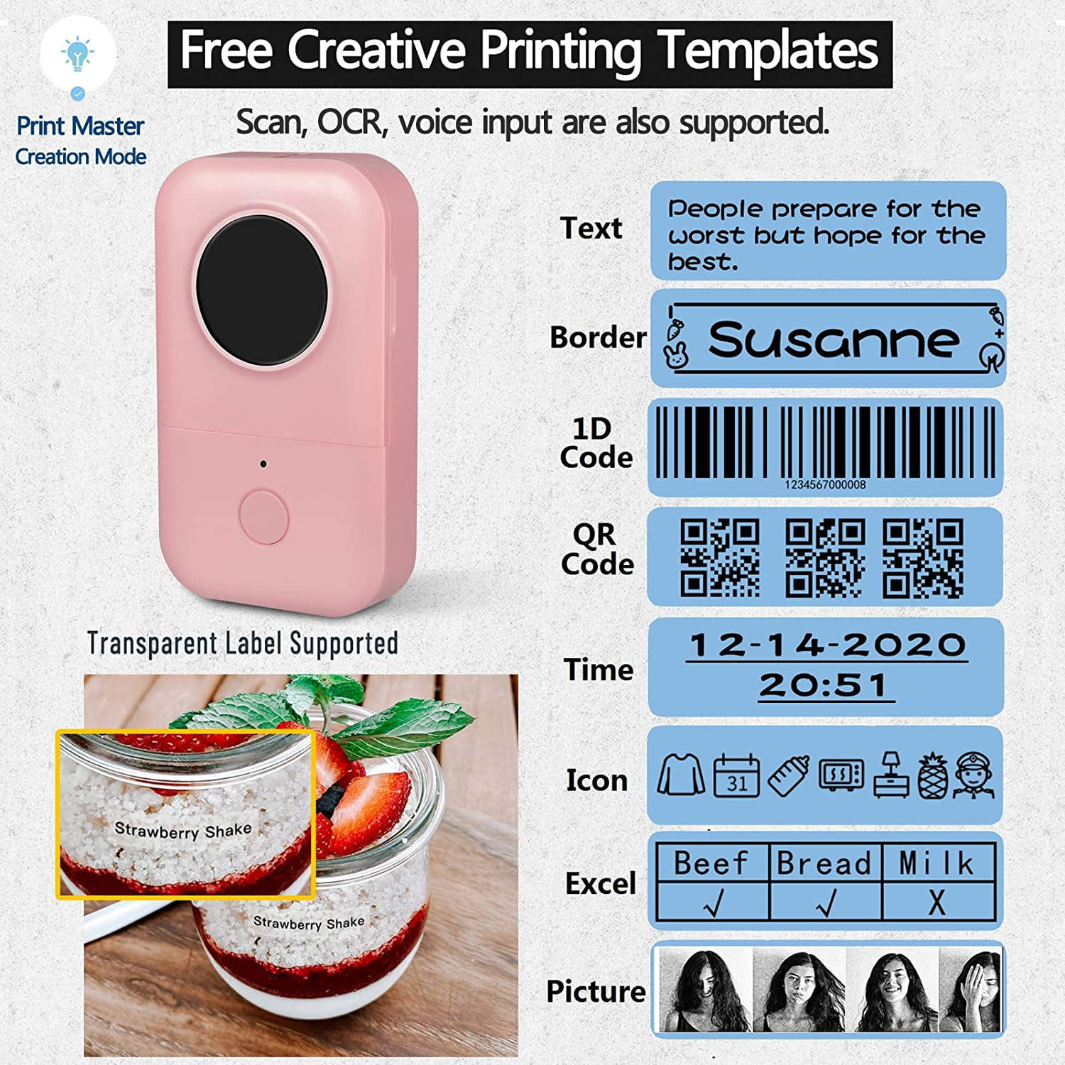 Rosa Etikettendrucker mit Vorlagen. Text, Rahmen, QR-Code, Uhrzeit, Symbole, Excel und Bilder können hinzugefügt werden.
