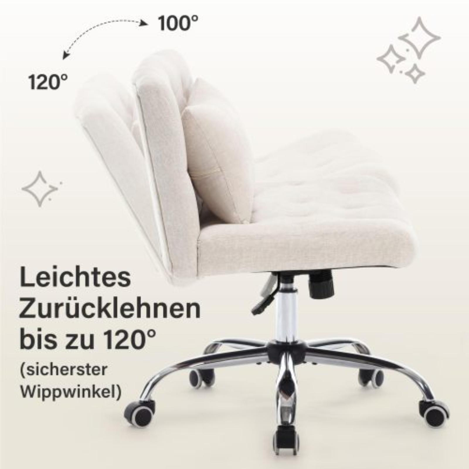 Seitenansicht eines beigen Bürostuhls mit bis zu 120 Grad Neigung, mit Winkelmarkierungen.
