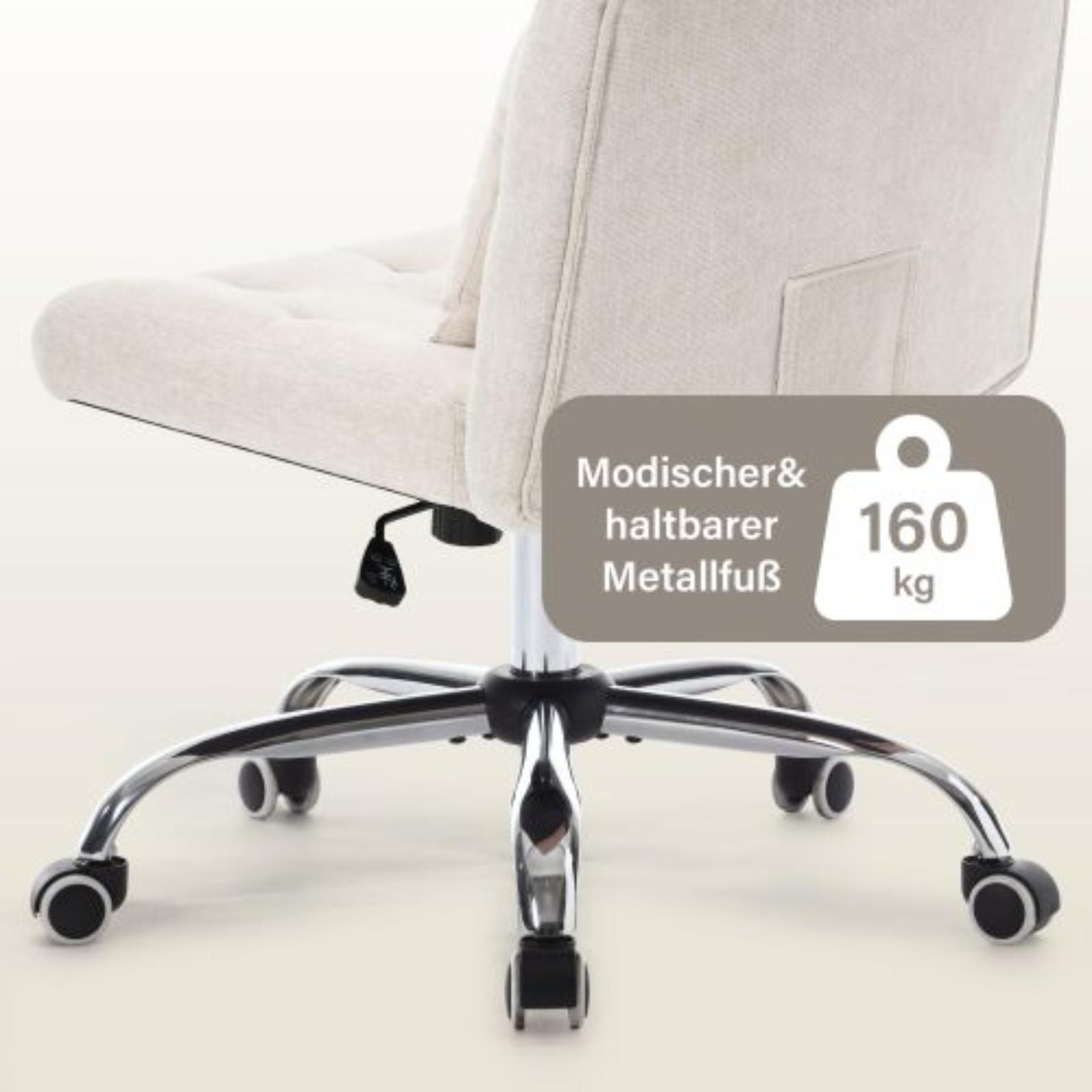 Nahaufnahme eines Chrom-Stuhlsockels mit Etiketten, die eine Tragfähigkeit von 160 kg angeben.