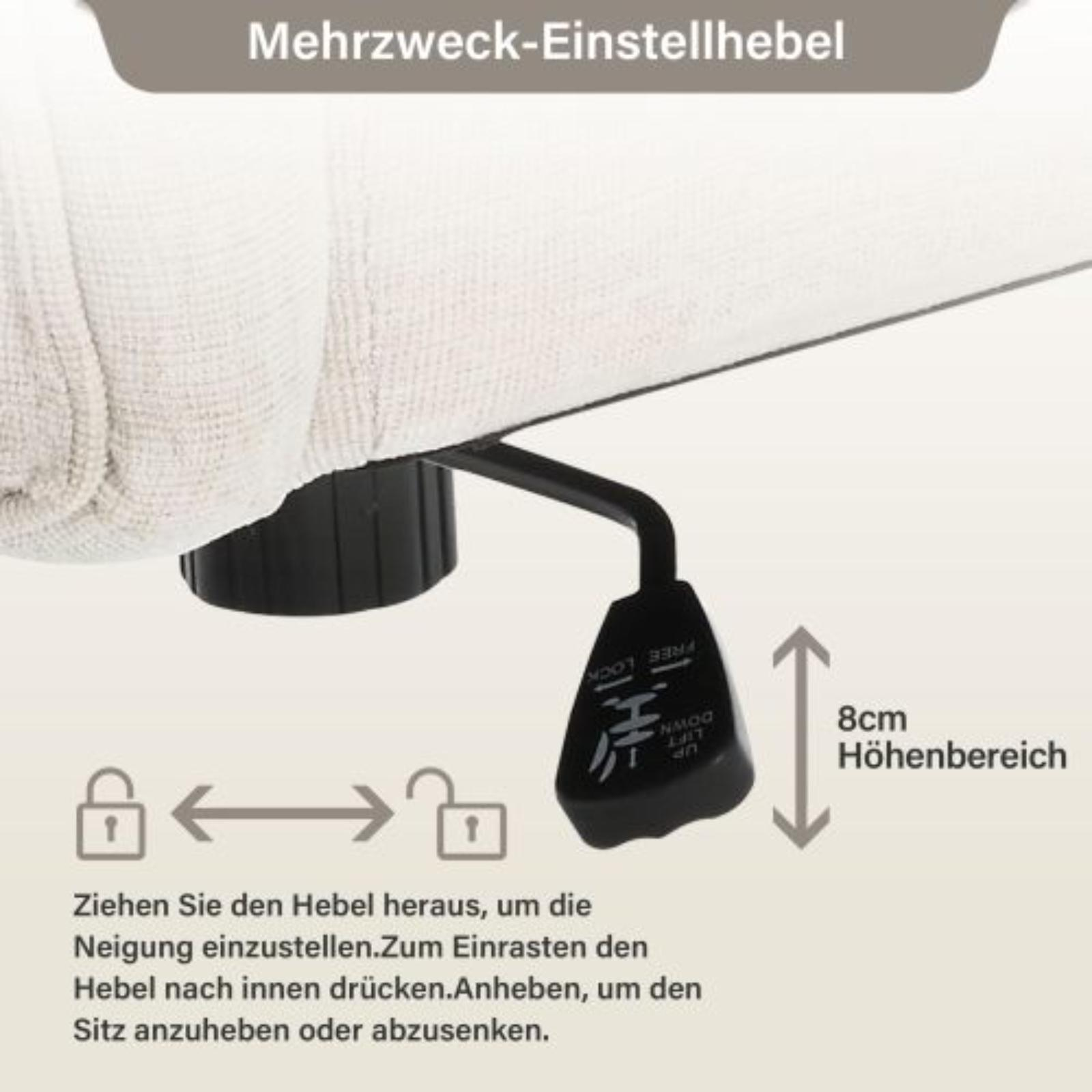 Nahaufnahme eines Hebels an einem Stuhl, mit dem die Höhe eingestellt und der Sitz verriegelt/entriegelt wird.
