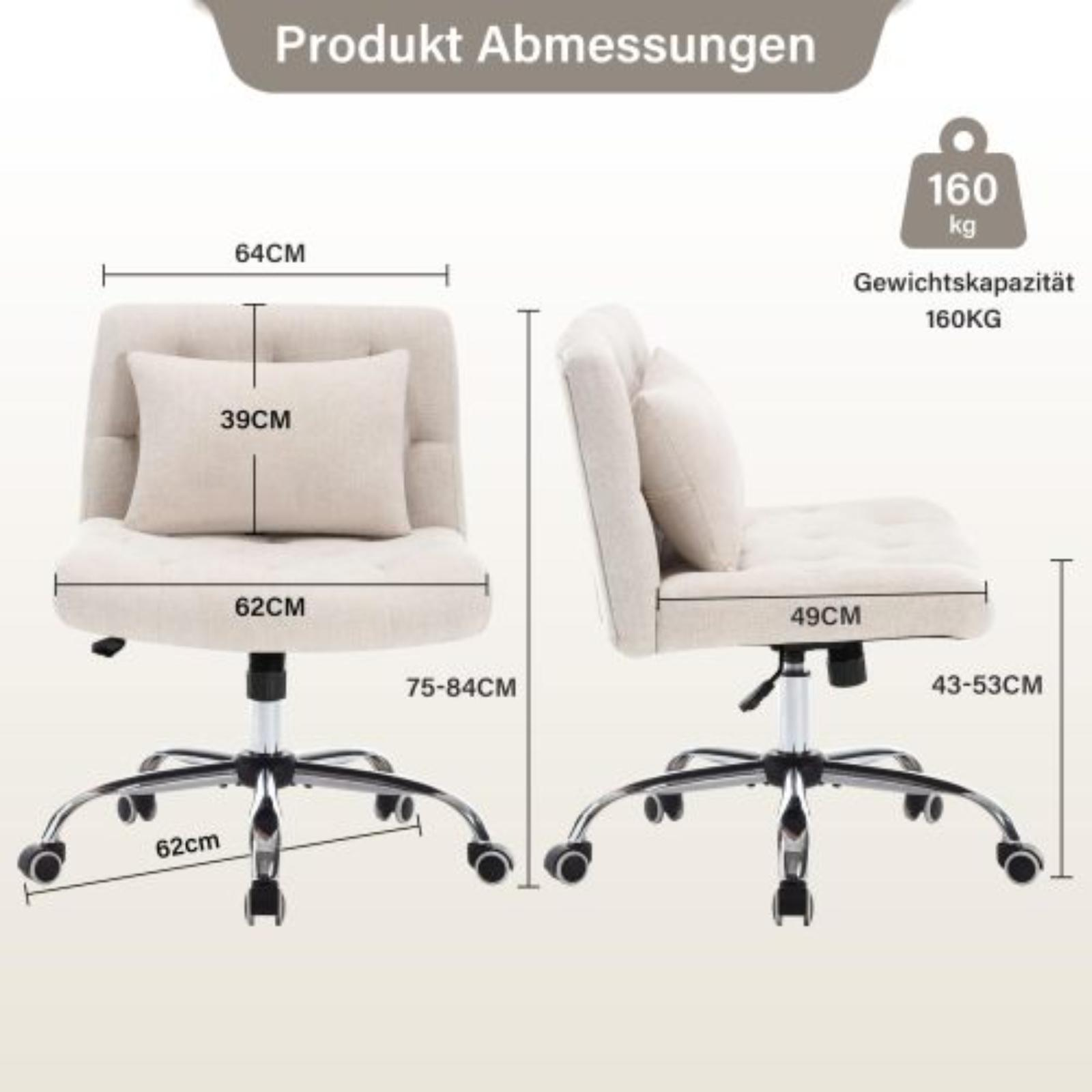 Diagramm mit den Abmessungen eines Bürostuhls, das Höhe, Breite und Tragfähigkeit (160 kg) hervorhebt.