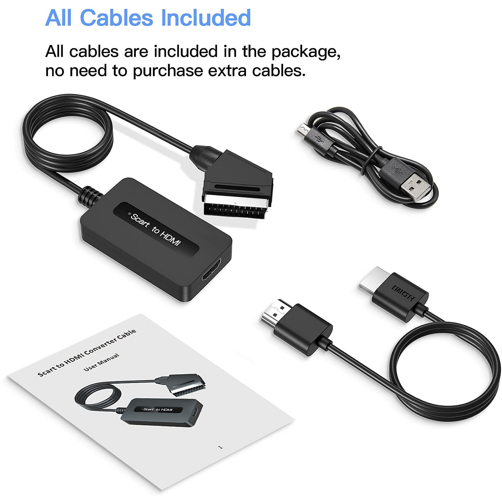Verschiedene Kabel und ein Scart-zu-HDMI-Konverter. Enthält ein Benutzerhandbuch.