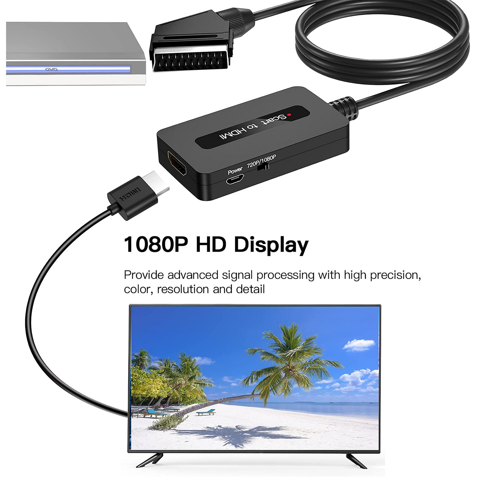 Ein Fernsehbildschirm zeigt eine Strandszene. Ein angeschlossener HDMI-Adapter wandelt ein SCART-Signal um.