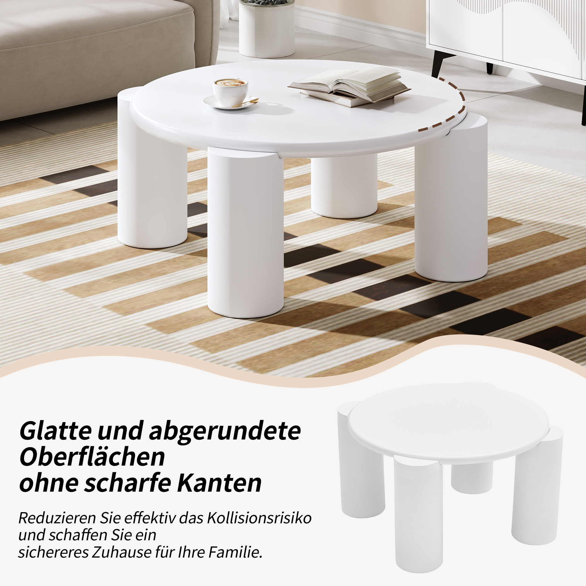 Ein weißer runder Tisch mit zylindrischen Beinen. Er hat eine Tasse, Zeitschrift. Der Tisch steht auf einem Teppich.
