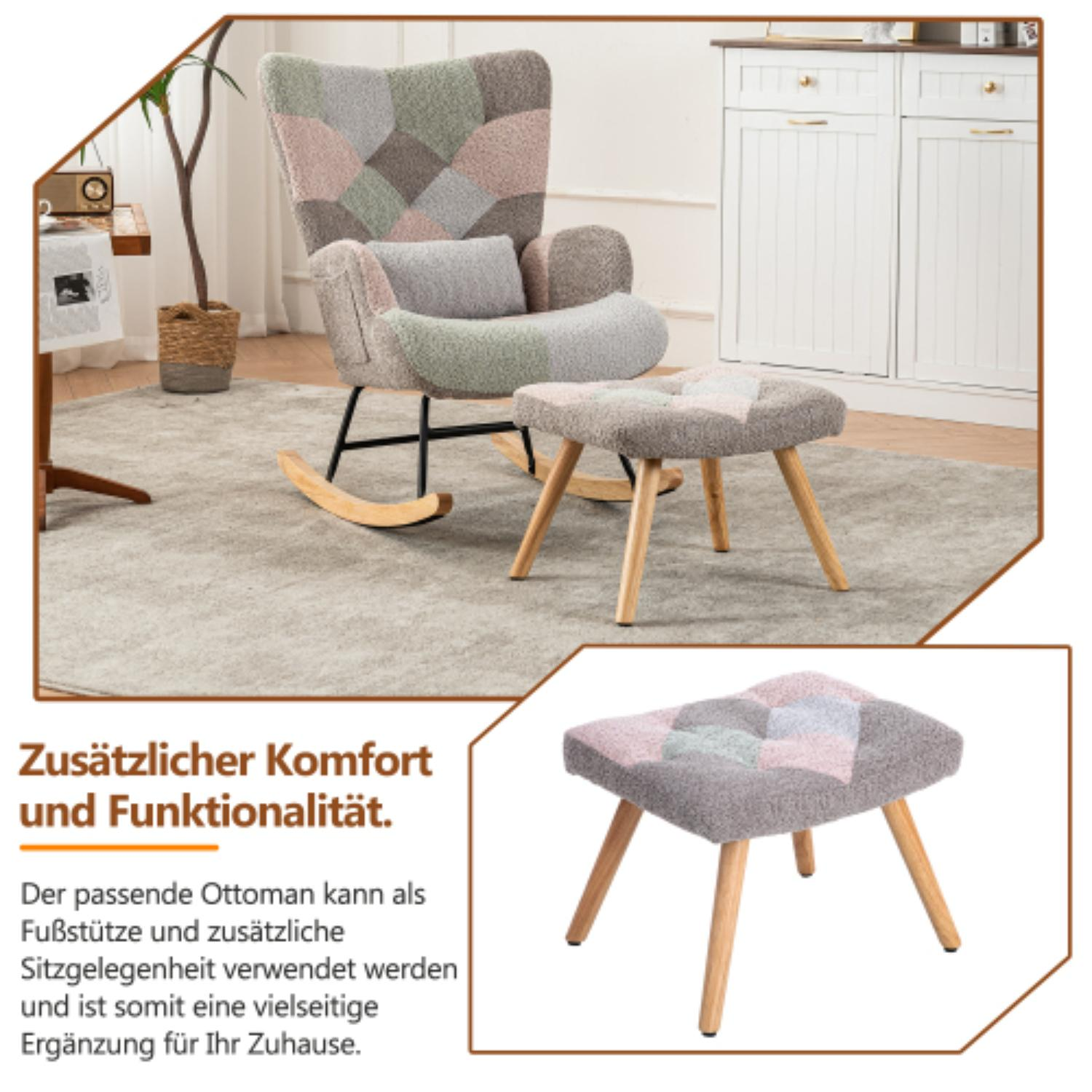 Eine Wohnzimmerszene mit einem Patchwork-Schaukelstuhl, einem Fußhocker und einem Teppich, mit deutschem Text.