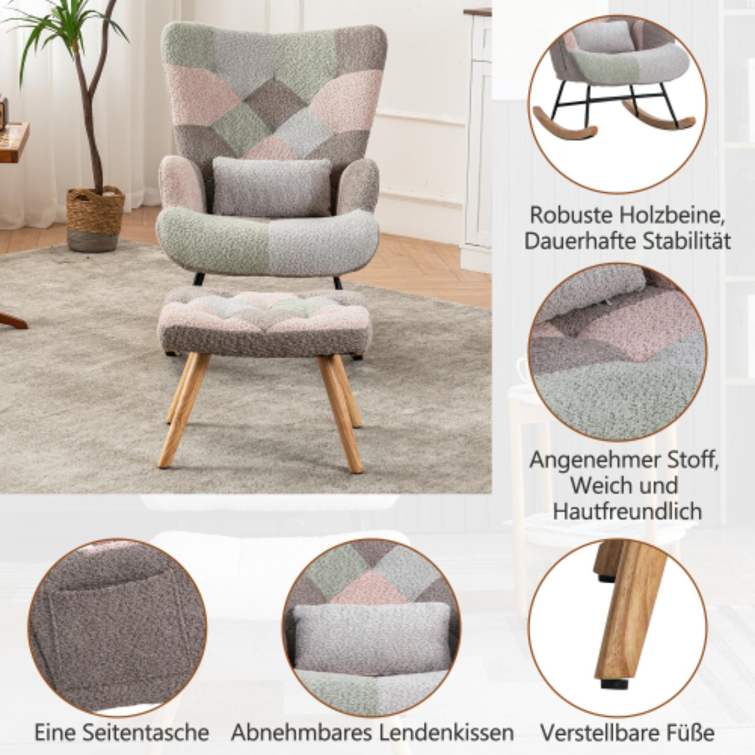 Ein Patchwork-Sessel mit passendem Hocker. Der Stuhl hat Holzbeine und eine Seitentasche.