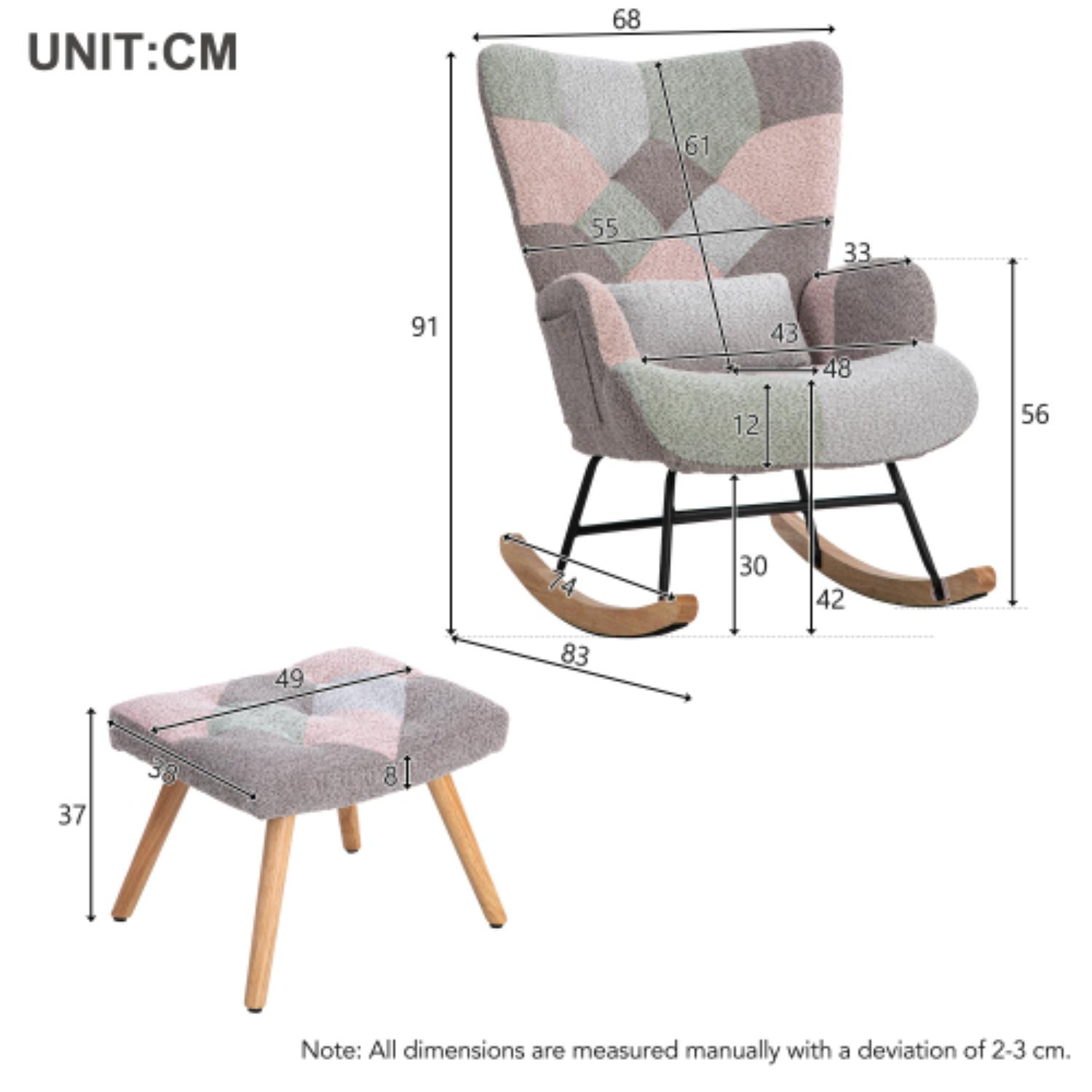 Diagramm eines Patchwork-Schaukelstuhls und Fußhockers mit cm-Angaben.