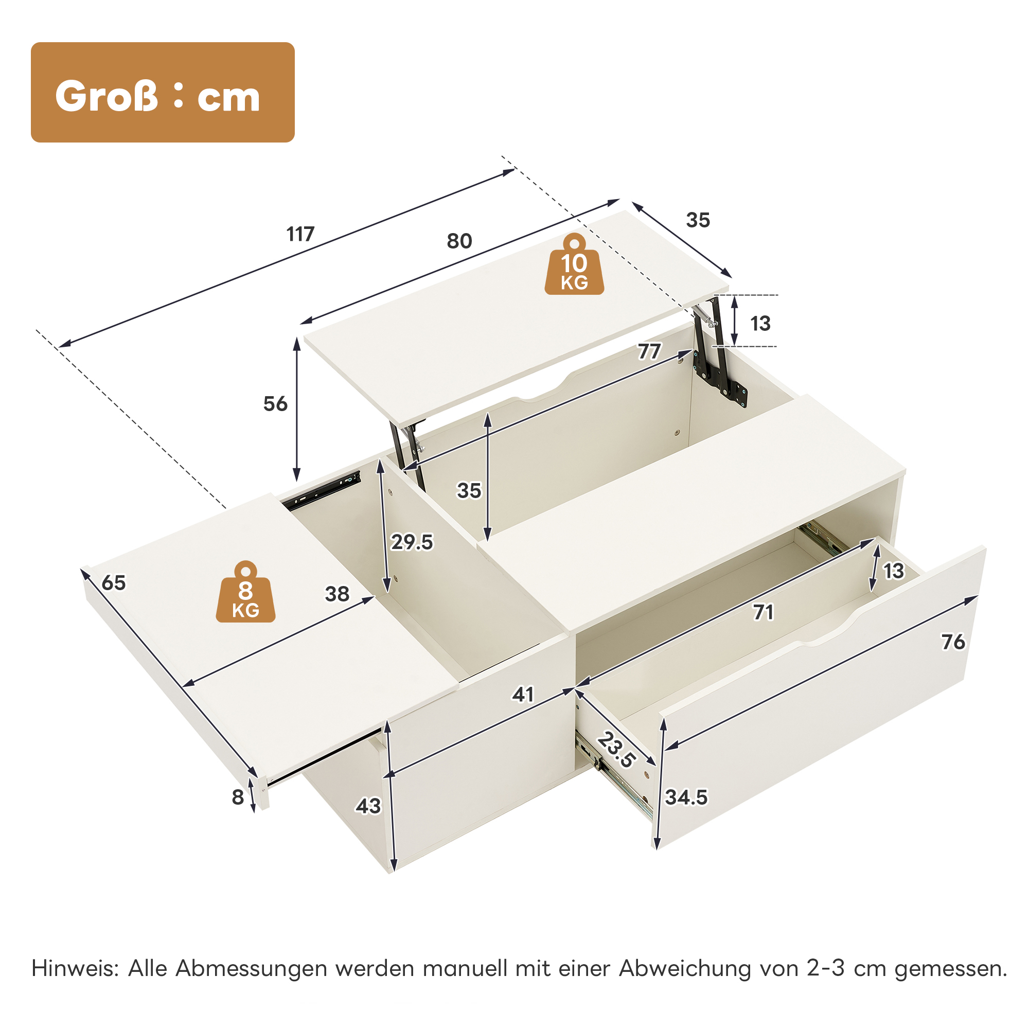 Weißer Tisch mit Maßen. Mit Hubmechanismus und Gewichtsangaben in kg.