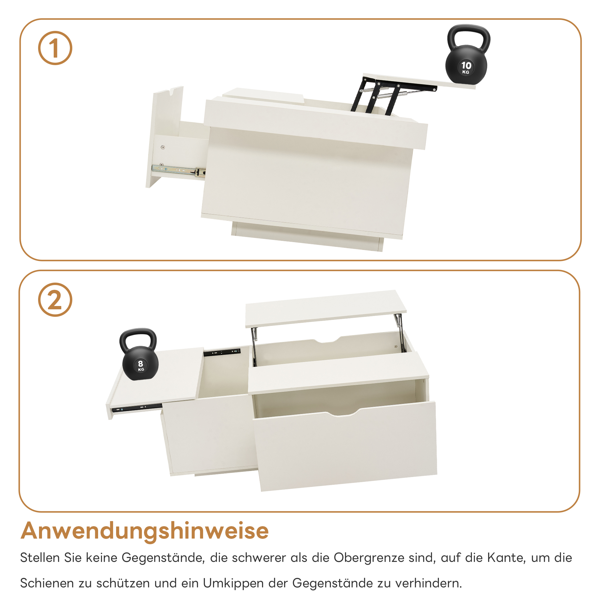 Weißer Tisch mit Hubmechanismus. Zeigt Schublade und Nutzung mit Gewichtsbegrenzung in kg.