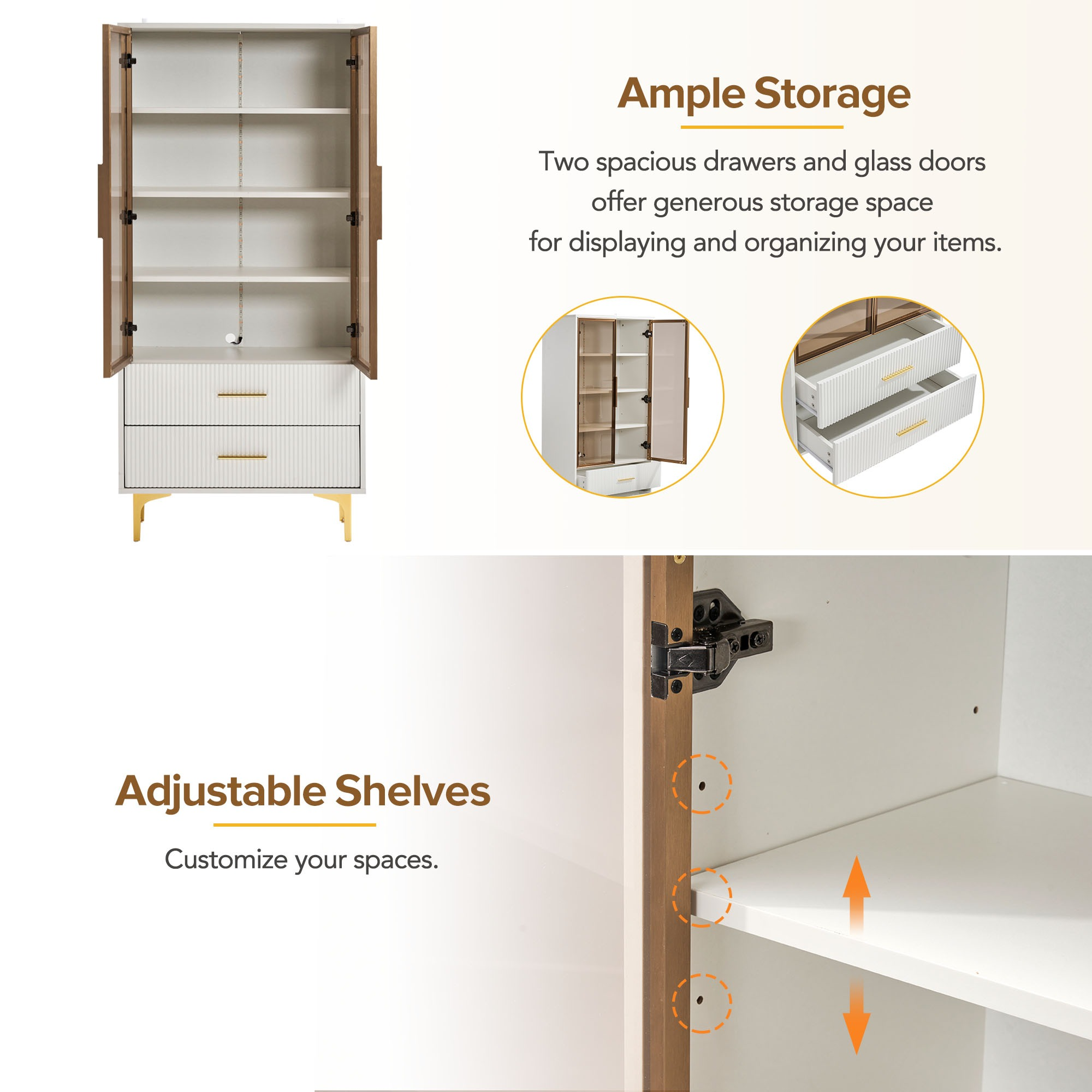 Weißer Schrank mit Glastüren und Schubladen. Mit verstellbaren Regalen und goldener Hardware.