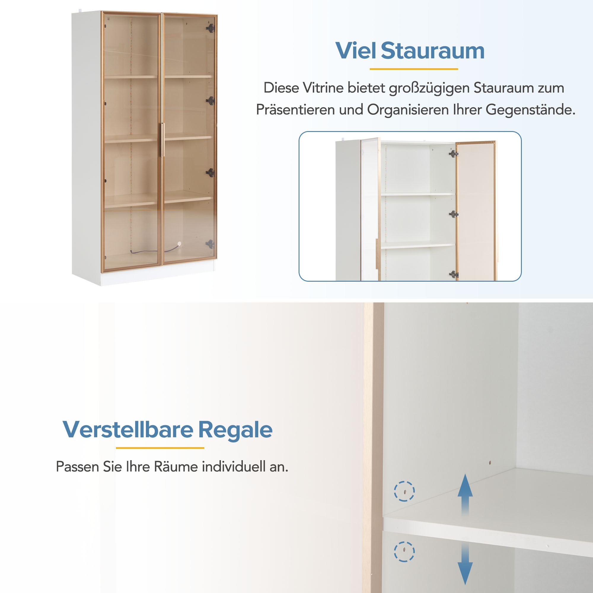 Ein weißer Schrank mit Glastüren. Das Bild zeigt den Innenraum und verstellbare Regale.
