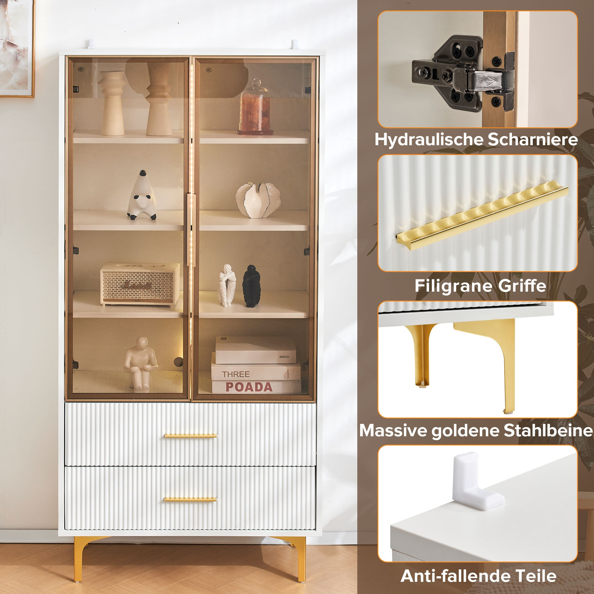 Weißer Schrank mit Glastüren und Schubladen, Goldakzenten. Mit verstellbaren Regalen.