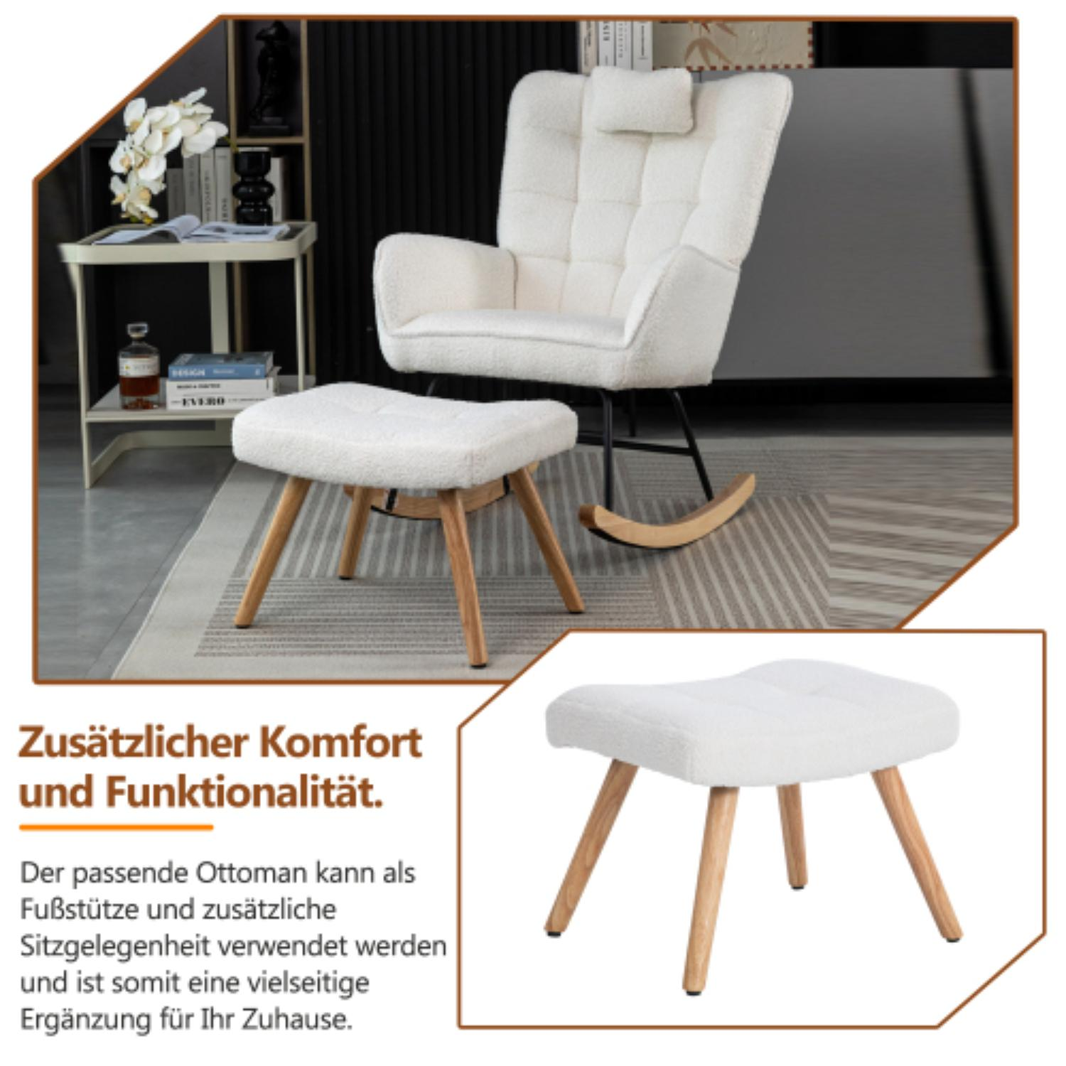 Weißer Schaukelstuhl mit Fußhocker. Mit Plüschsitz, Tisch mit Deko und Teppich.