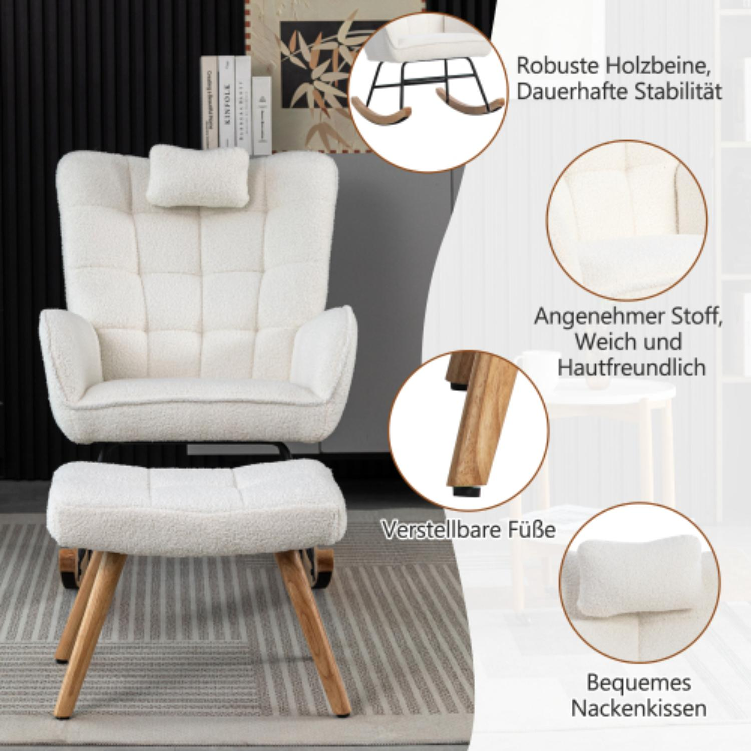 Weißer Schaukelstuhl mit Fußstütze. Mit Plüschsitz, Holzbeinen und Kopfstütze.
