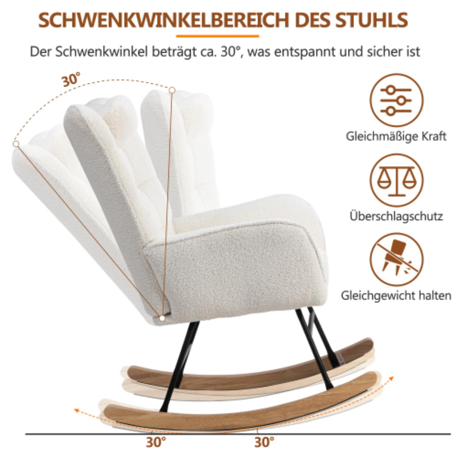 Ein weißer Schaukelstuhl mit cremefarbenem Stoff und schwarzem Rahmen. Der Stuhl kann 30 Grad schaukeln.