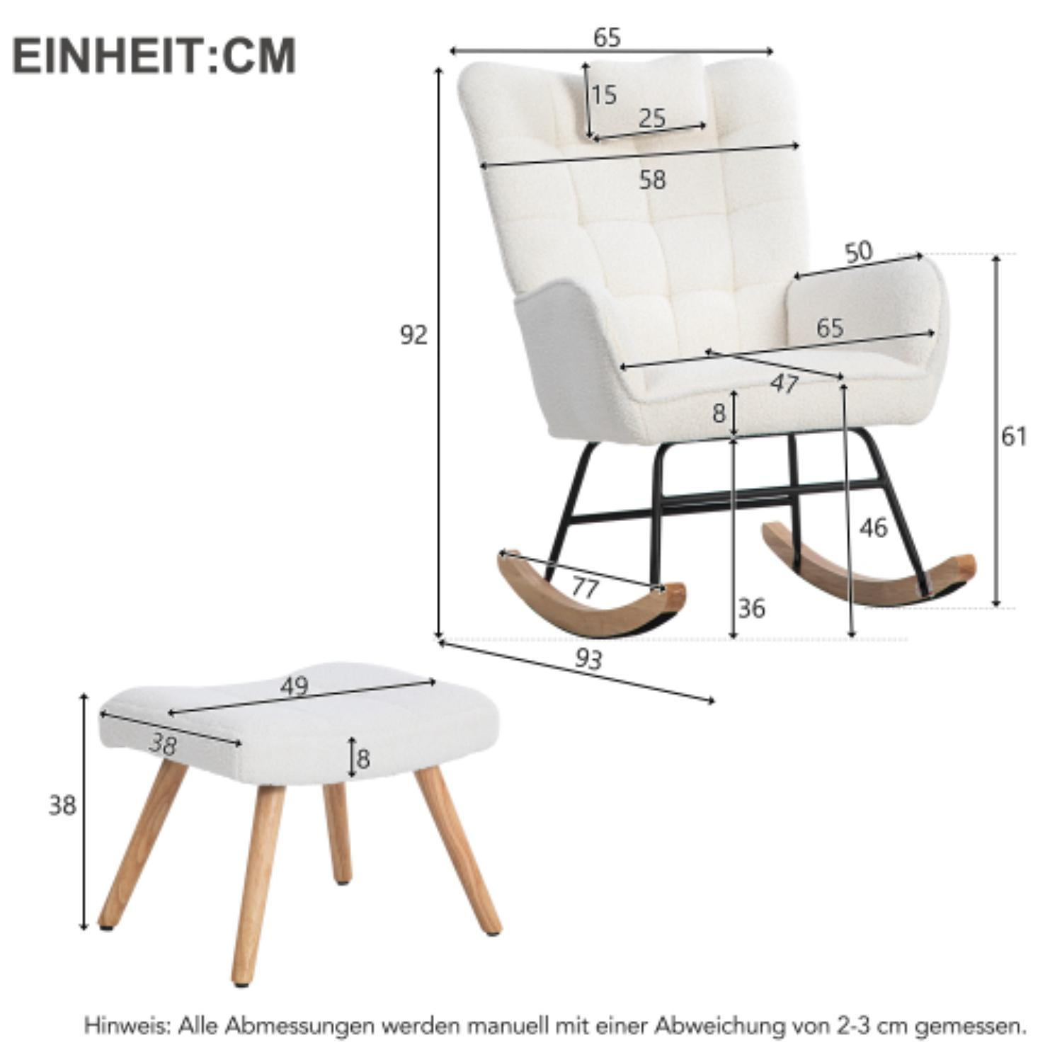 Ein weißer Schaukelstuhl und Fußhocker-Set. Der Stuhl und der Hocker bestehen aus weißem Stoff.